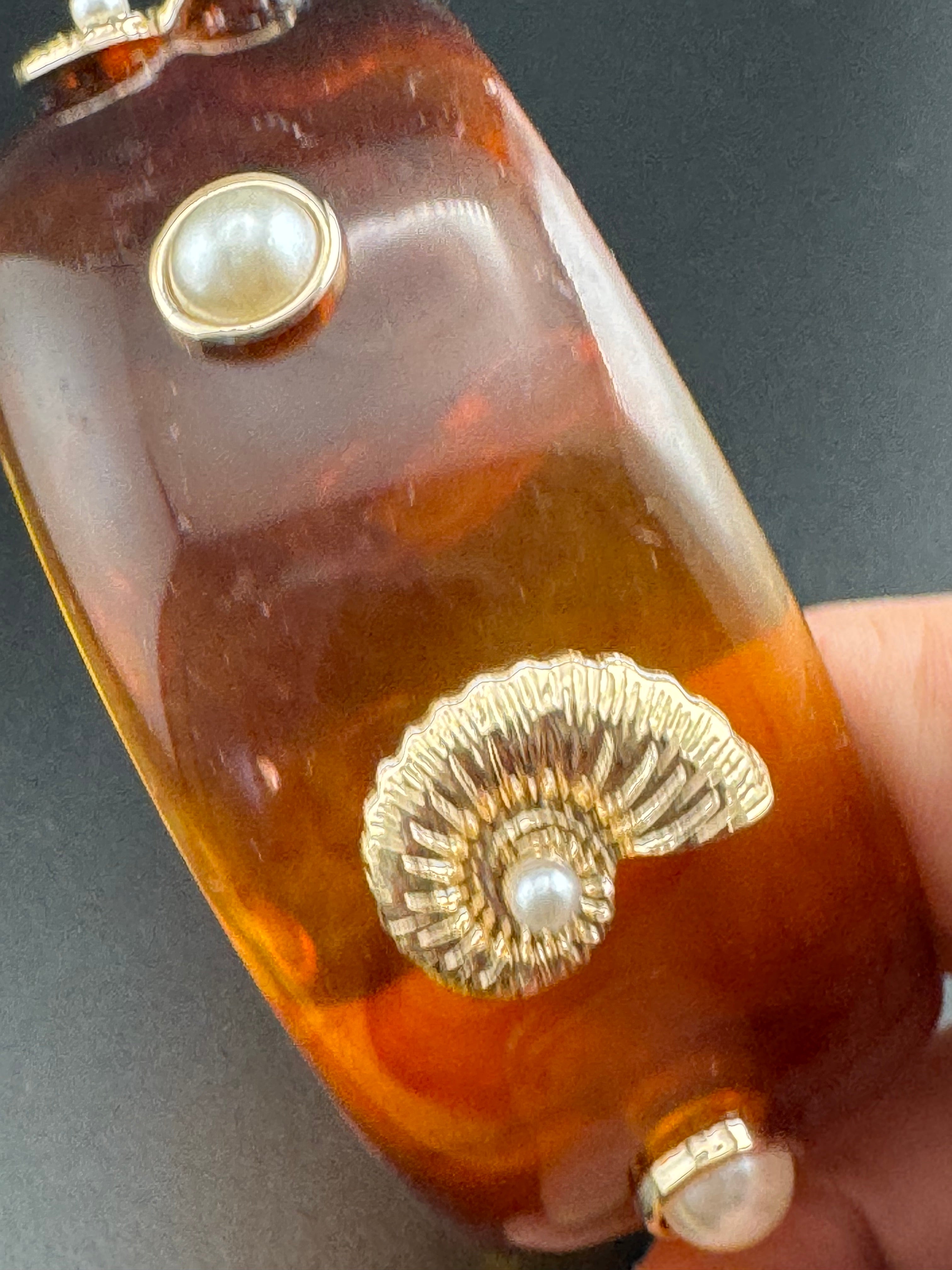 Nautical gold ammonite faux tortoiseshell wide brown acrylic pearl plastic bangle bracelet