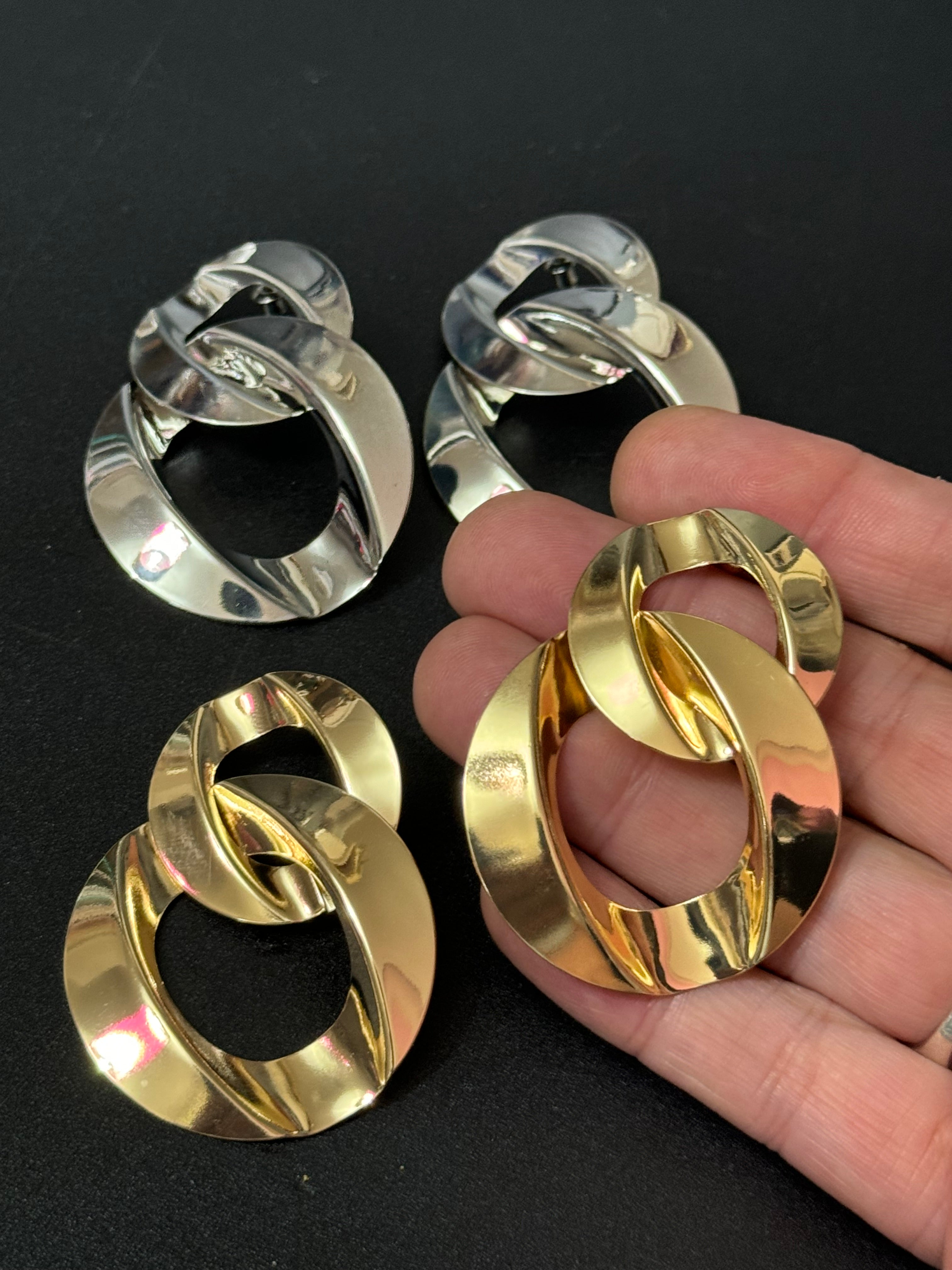 Oversized gold flat chain link drop earrings pierced