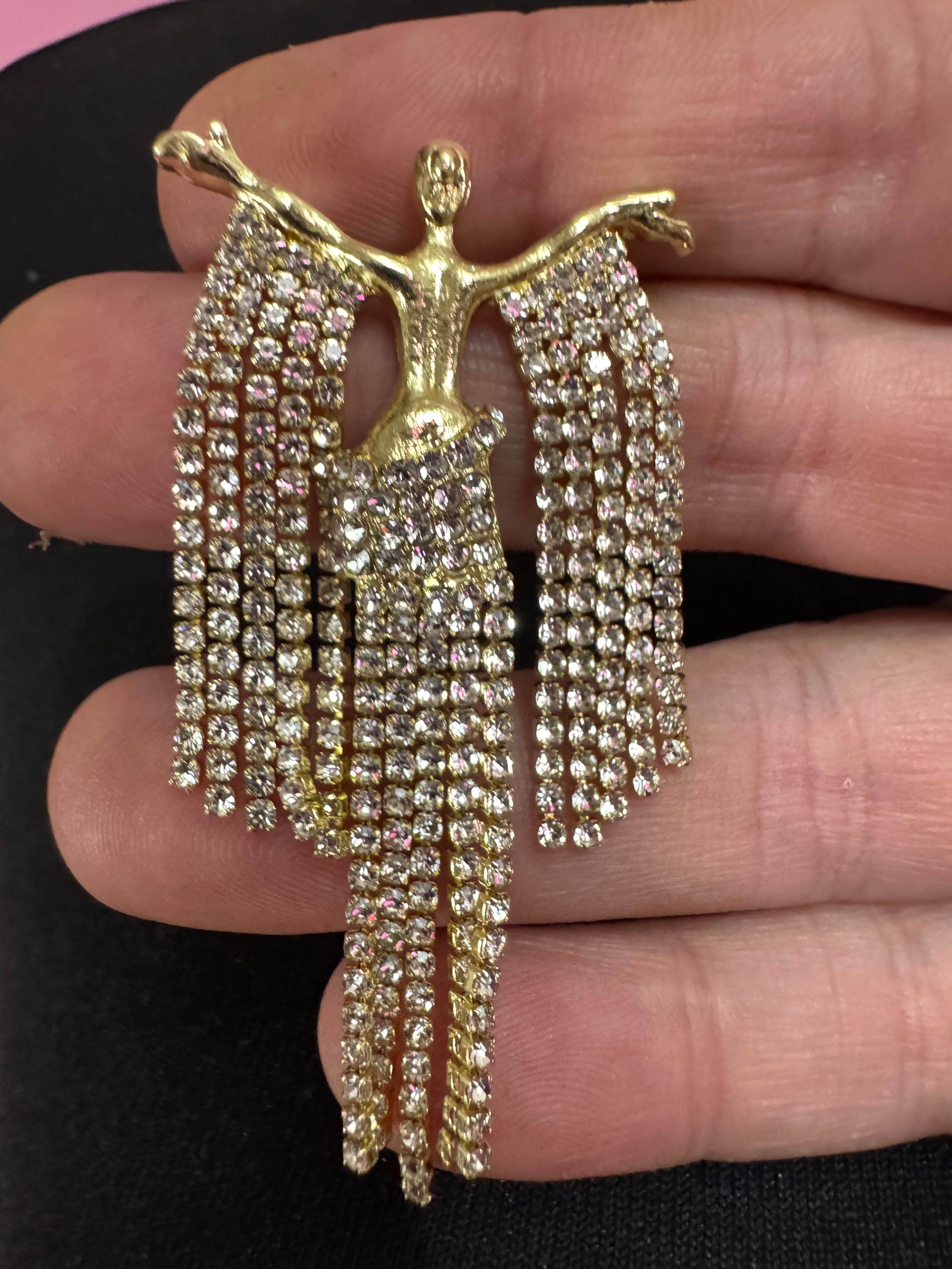 Gold rhinestone diva brooch, diamanté lady waterfall pin