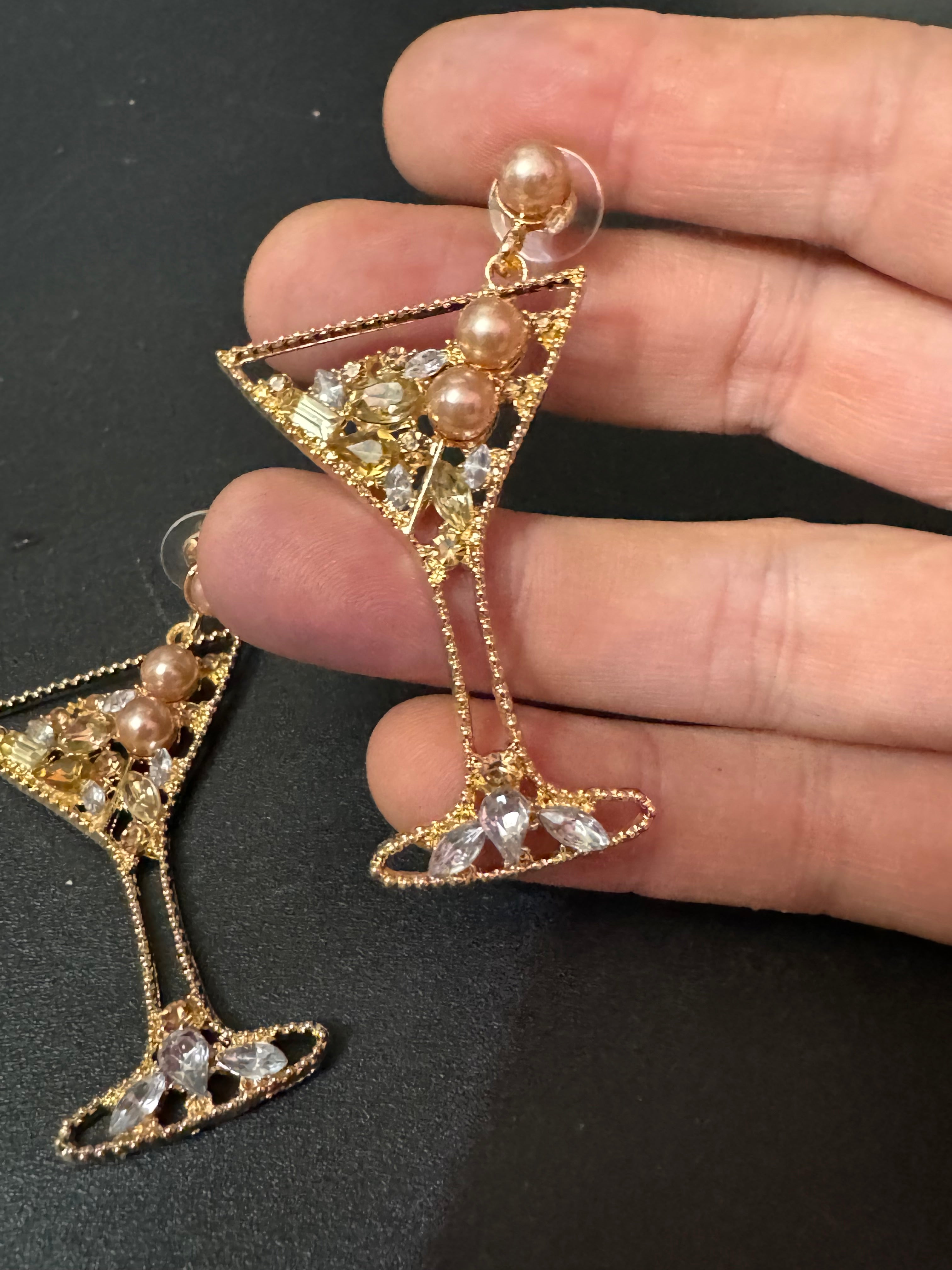 Novelty oversized faux pearl diamanté crystal champagne cocktail glass earrings