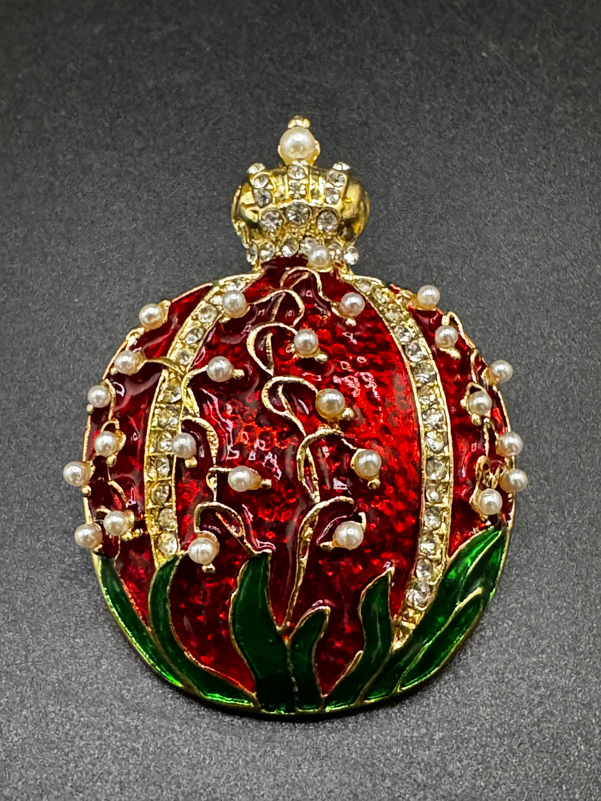 Red enamel Rhinestone pomegranate brooch, gold tone , festive jewellery