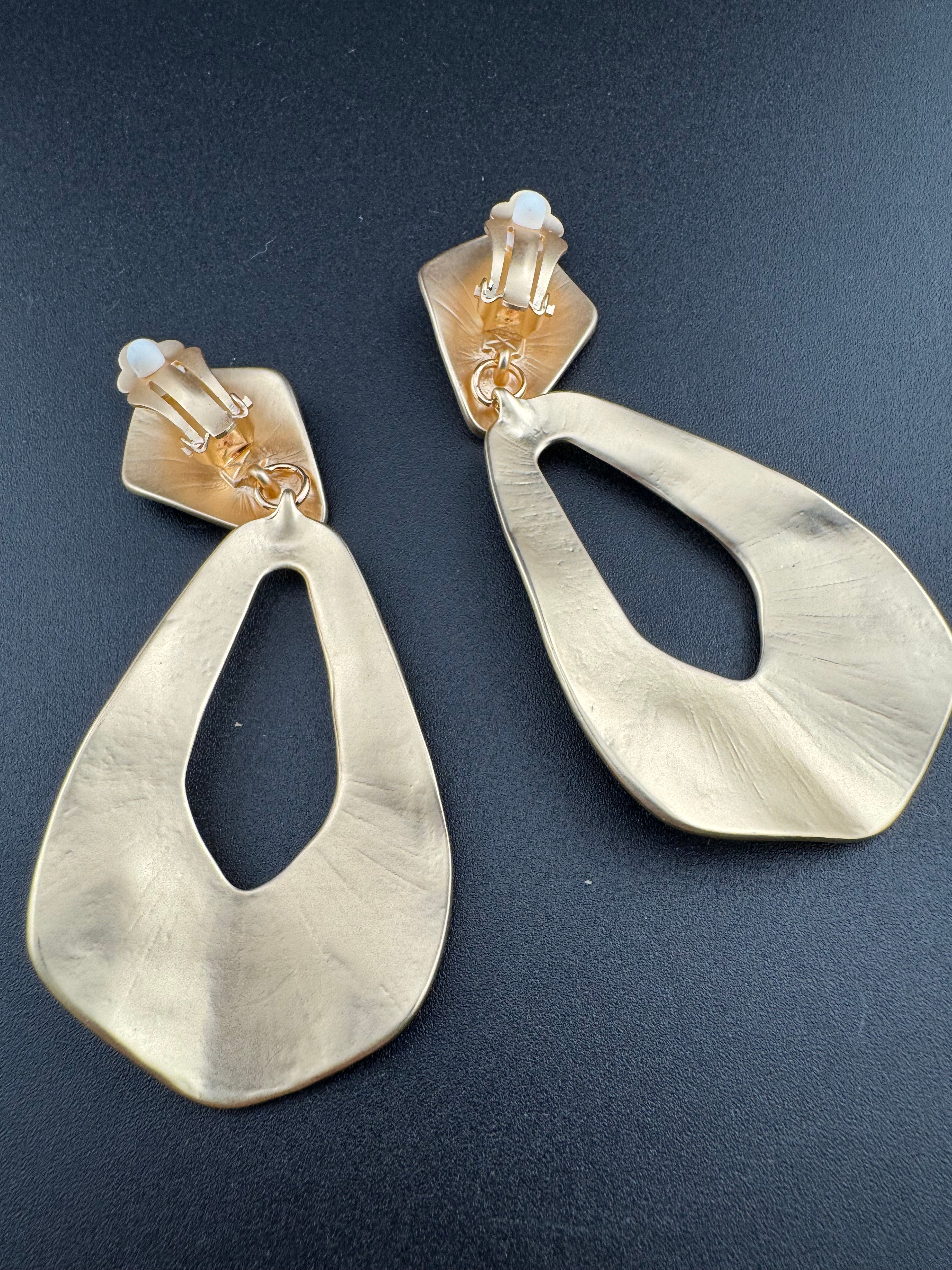 Matt gold tone oversized door knocker clip on earrings, Etruscan style