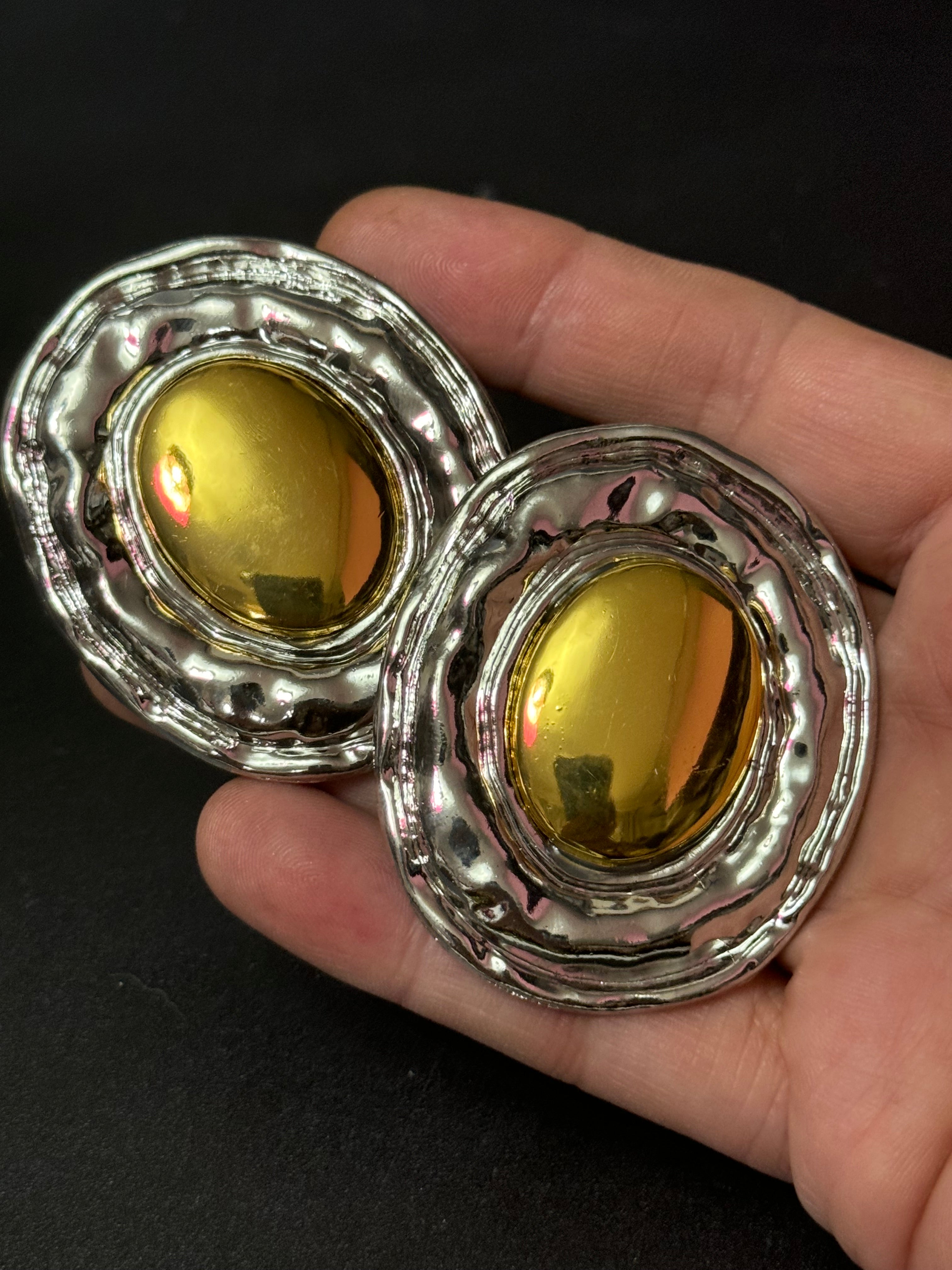 Oversized huge silver and gold tone statement Textured oval pierced stud earrings