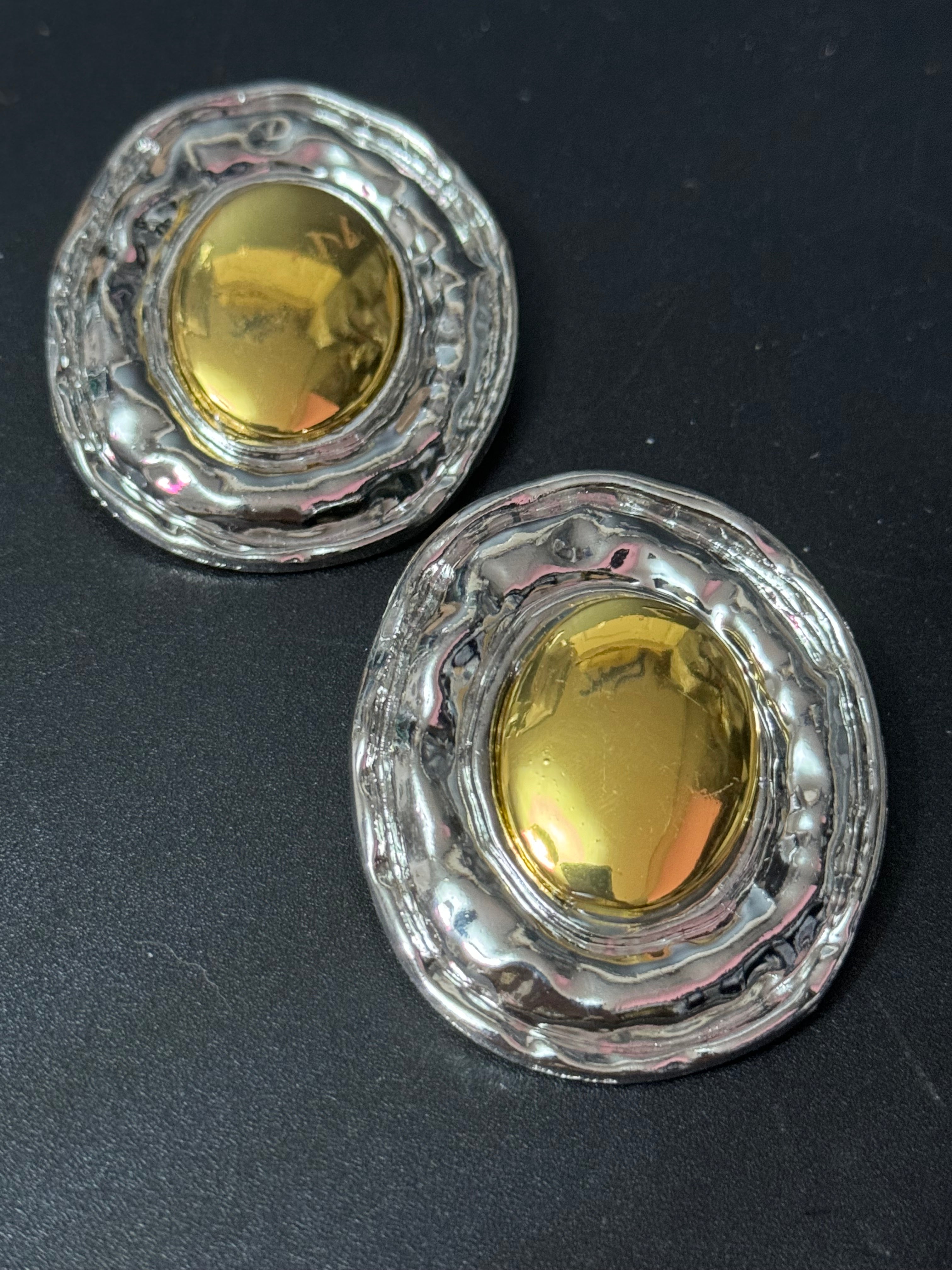 Oversized huge silver and gold tone statement Textured oval pierced stud earrings