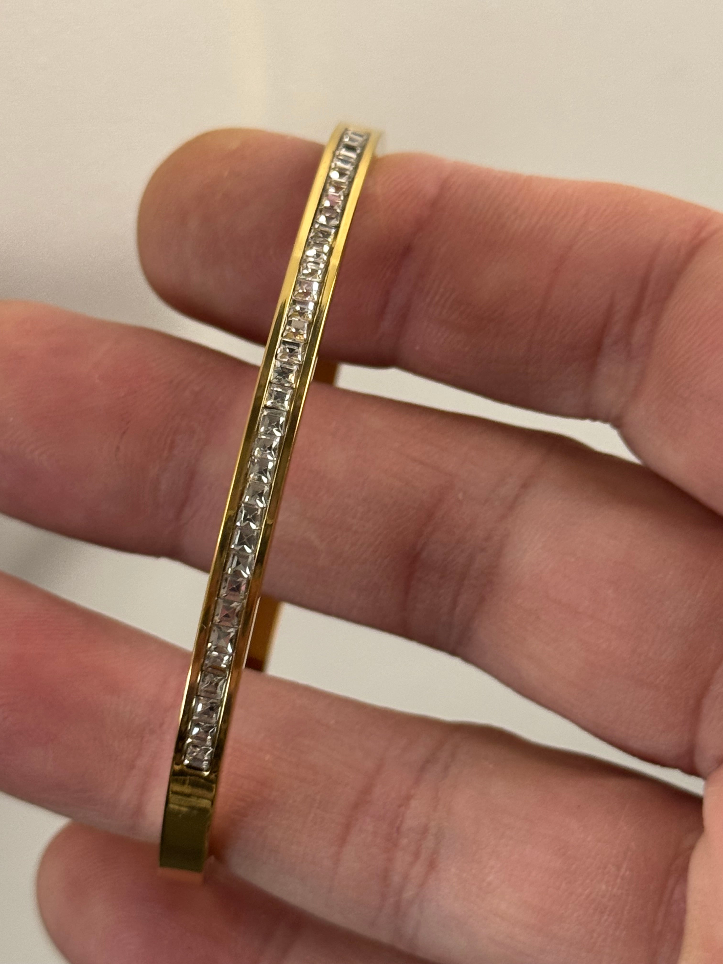 Gold plated high end square channel set clear CZ Crystal hinged clamper bangle bracelet