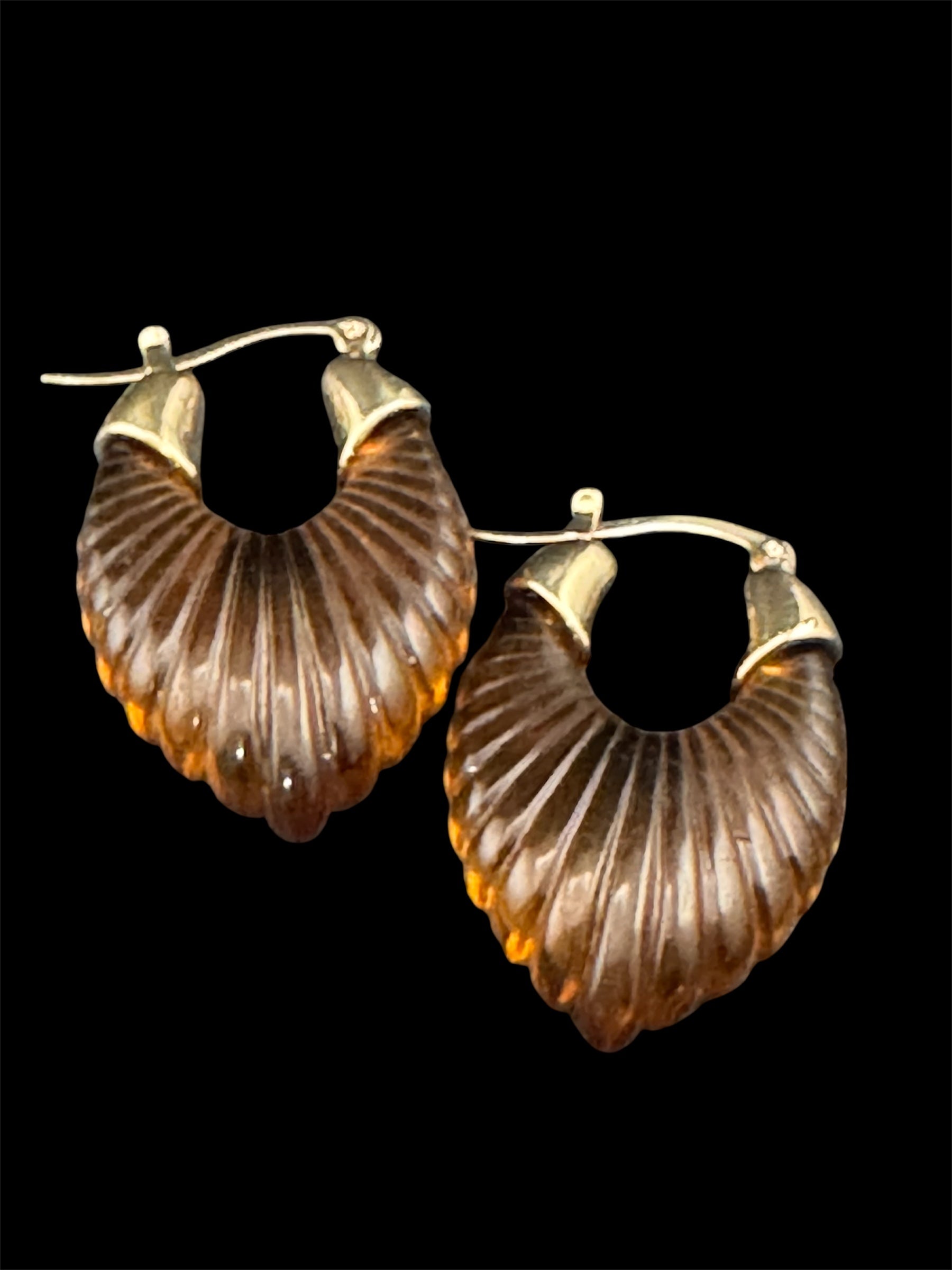 Brown acrylic gold tone pierced drop hoop earrings