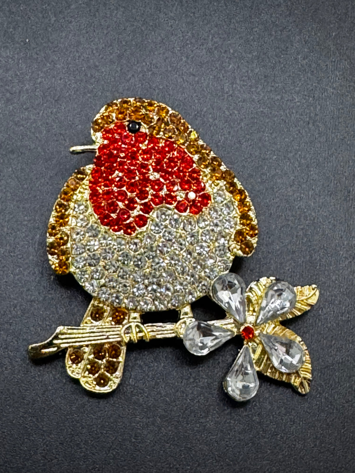 Rhinestone Christmas Robin brooch, brown clear and red crystal, festive jewellery