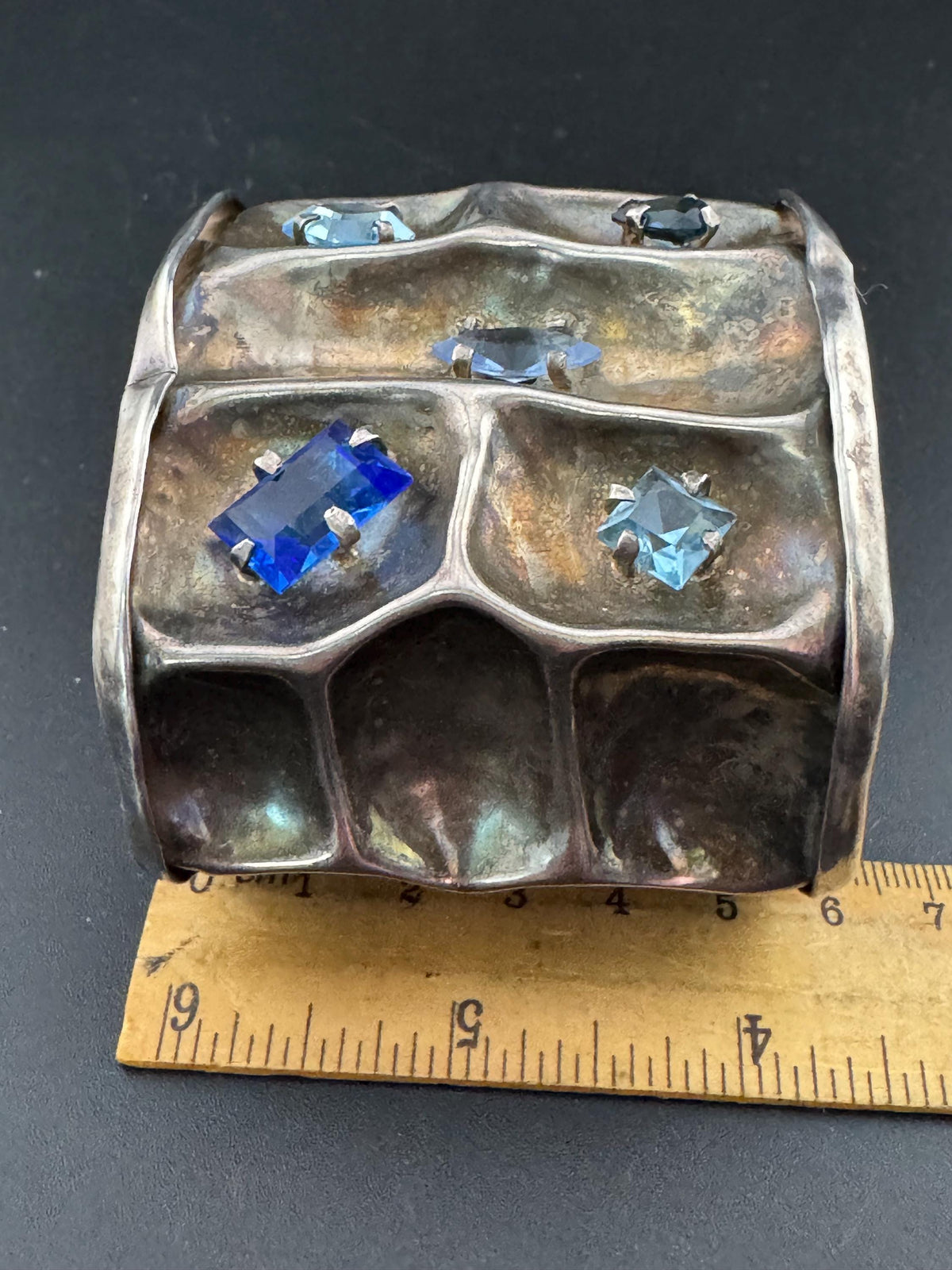 Vintage Sterling Silver Cuff, Wide Blue Crystal Open Bangle, 6 Cm