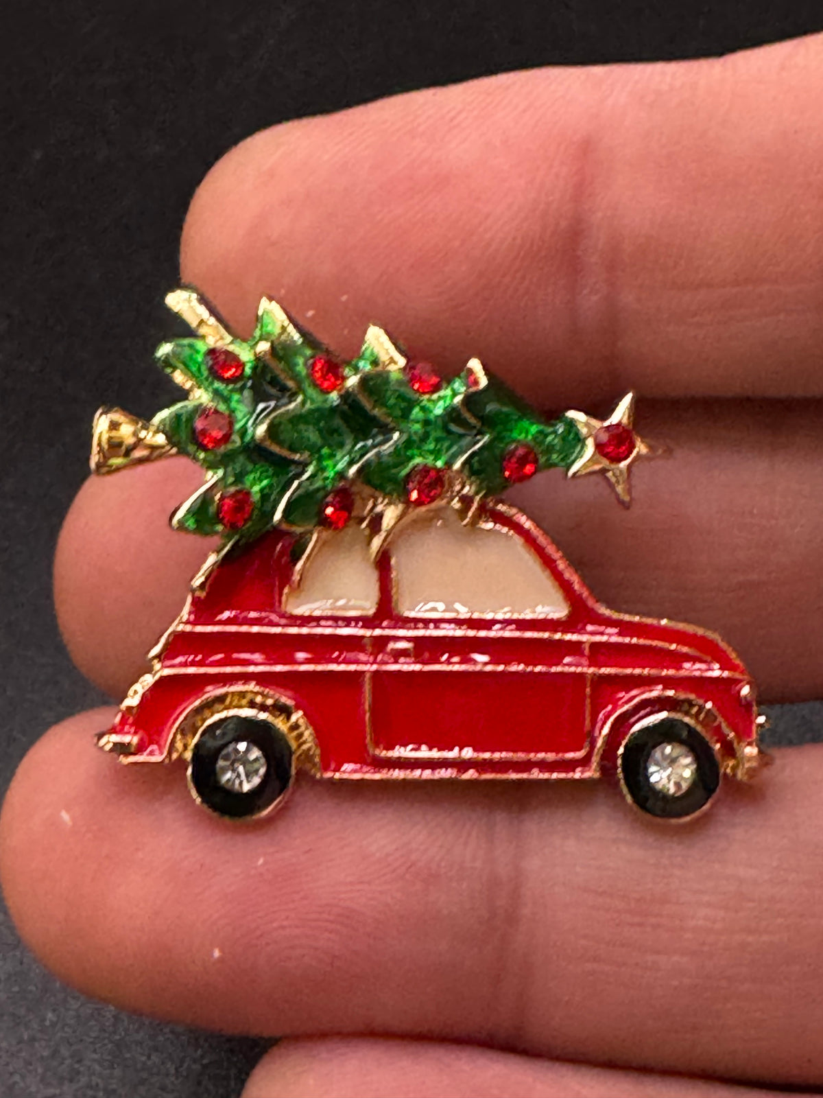 Driving home for Christmas tree brooch, gold tone and enamel , festive jewellery
