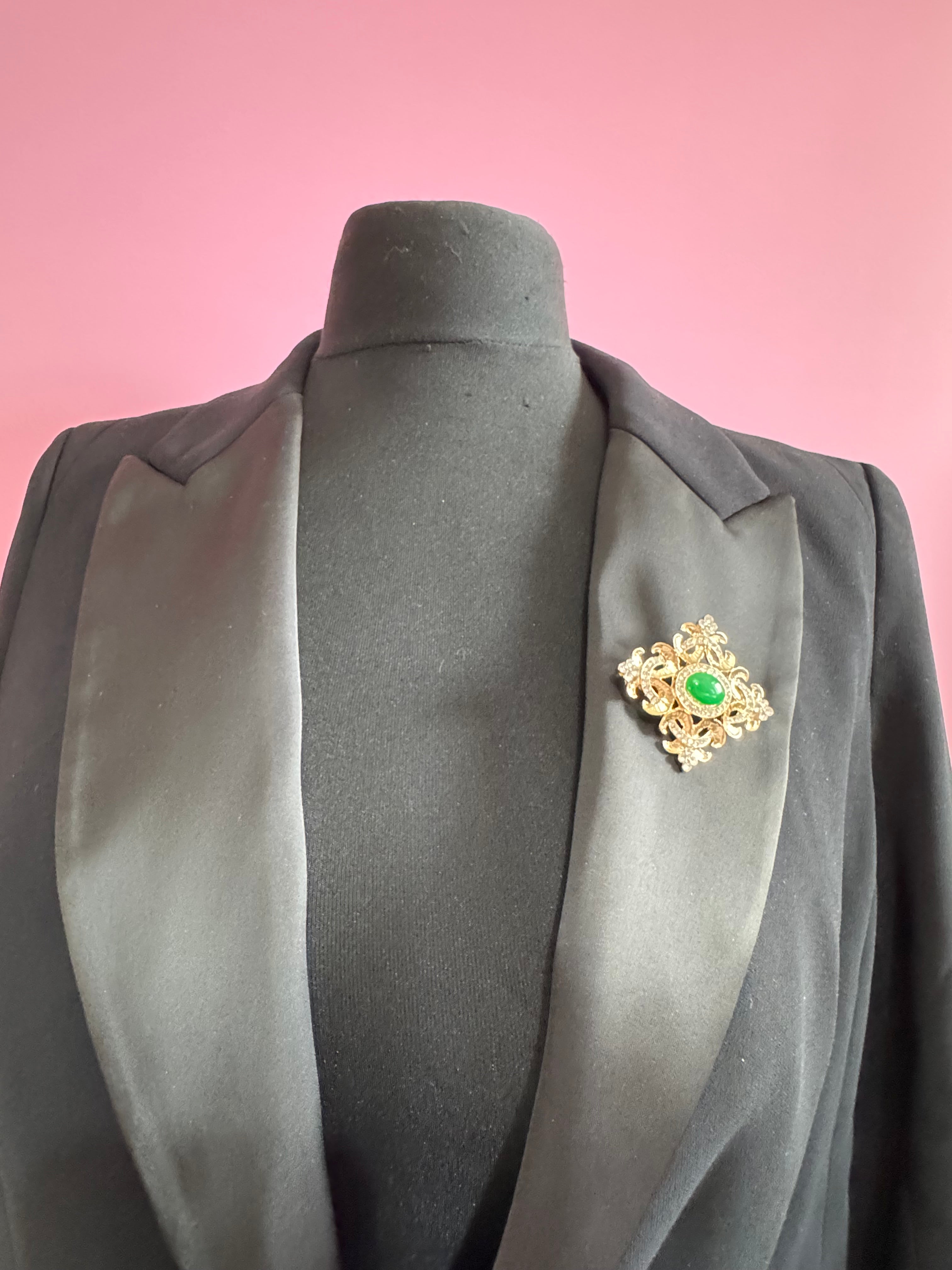 Statement Medieval style gold emerald cabochon rhinestone cross brooch