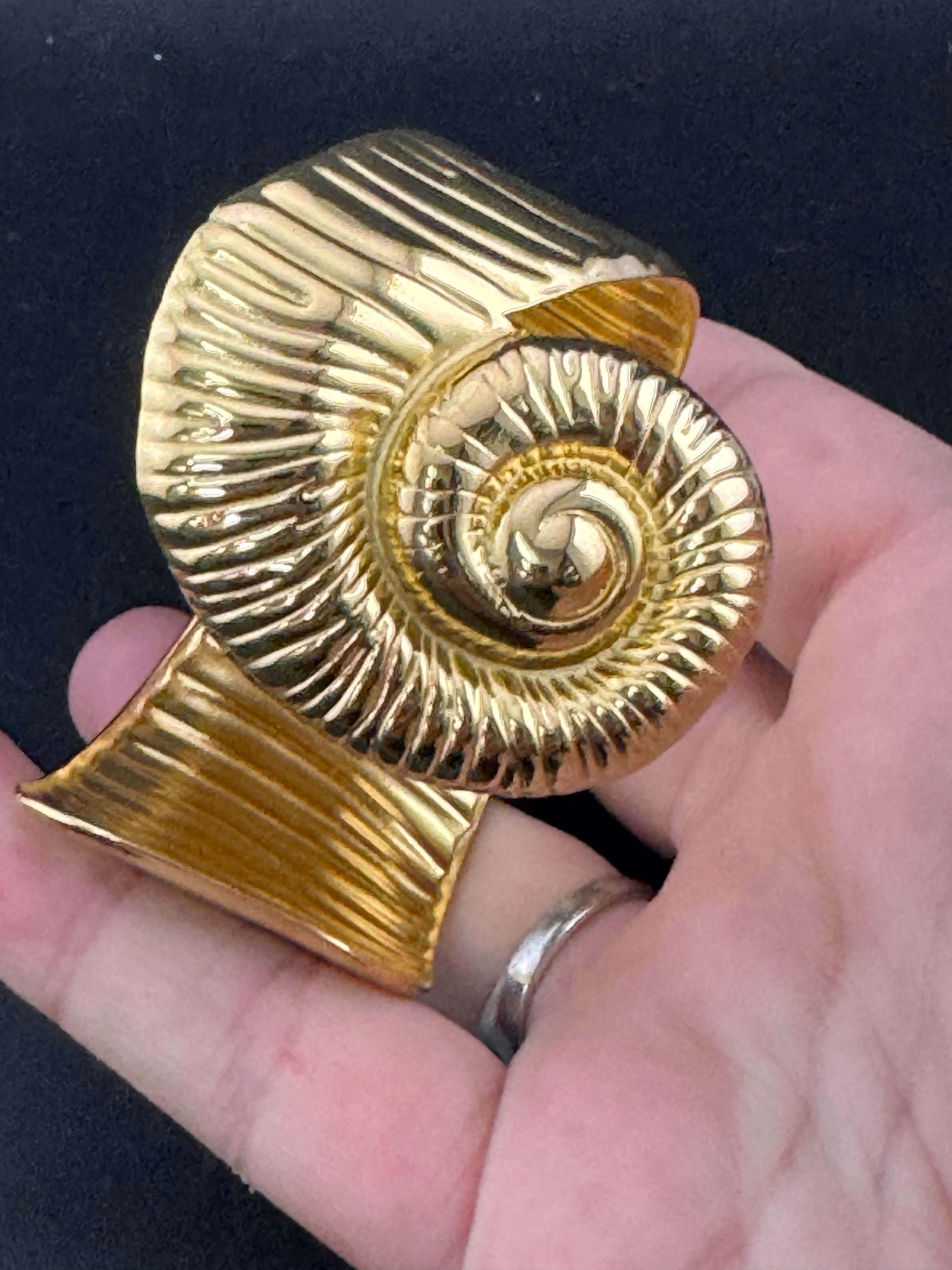 Gold tone ammonite seashell wide cuff bangle bracelet , nautical jewellery