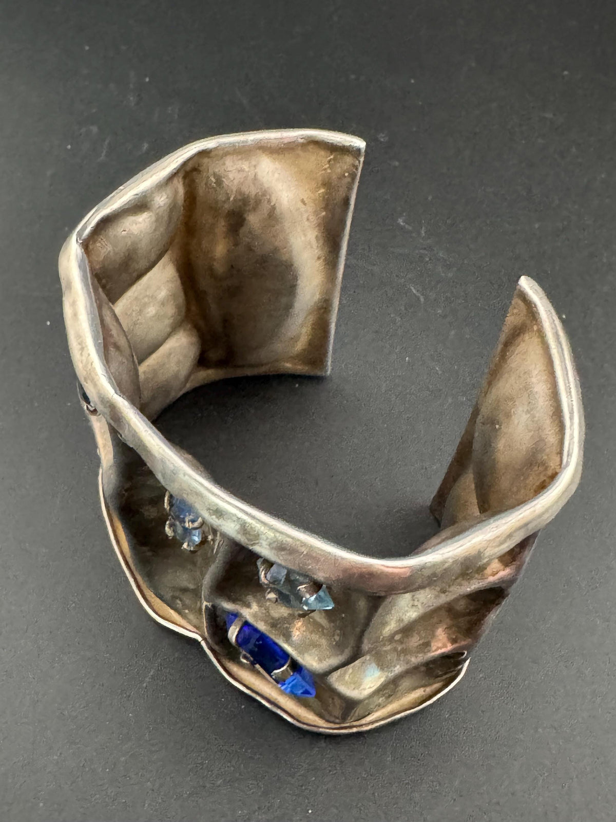 Vintage Sterling Silver Cuff, Wide Blue Crystal Open Bangle, 6 Cm