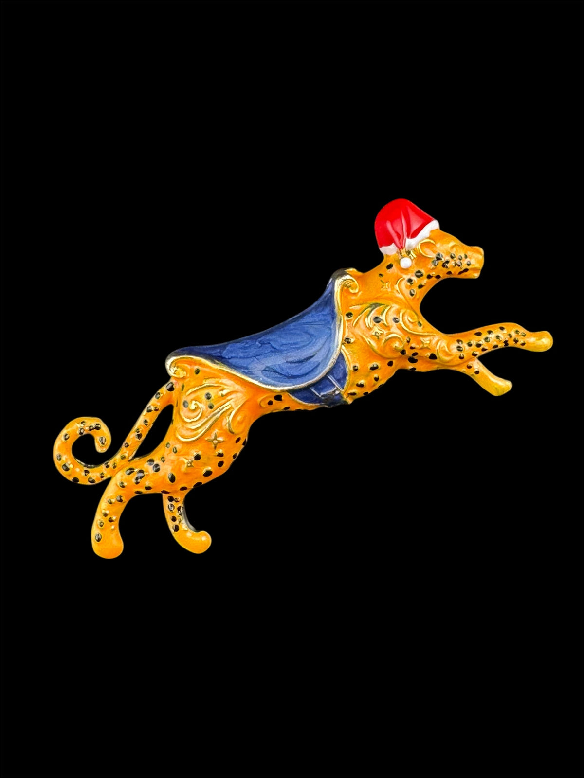 Novelty christmas enamel leopard brooch, big cat festive jewellery