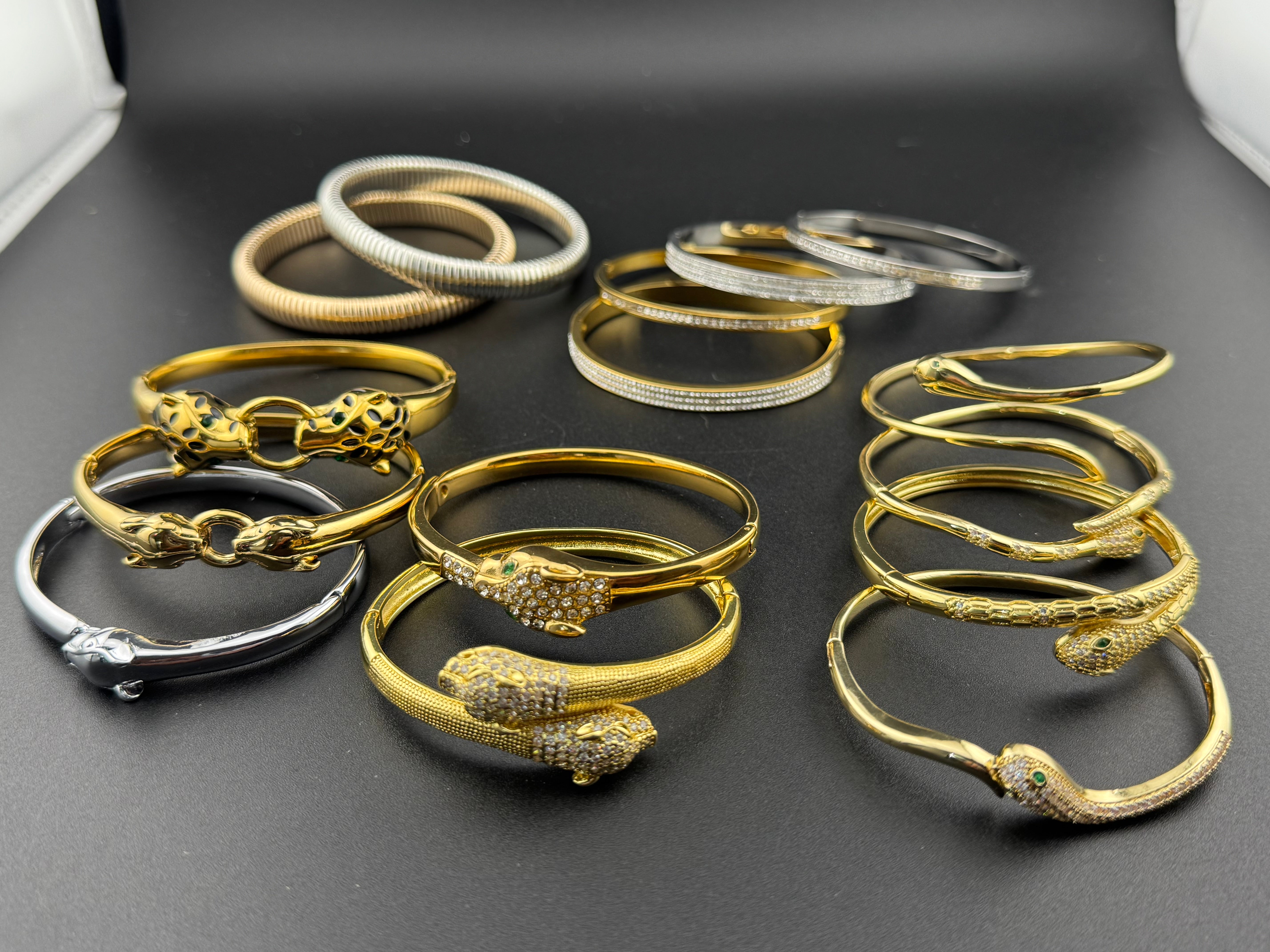 Gold plated high end square channel set clear CZ Crystal hinged clamper bangle bracelet