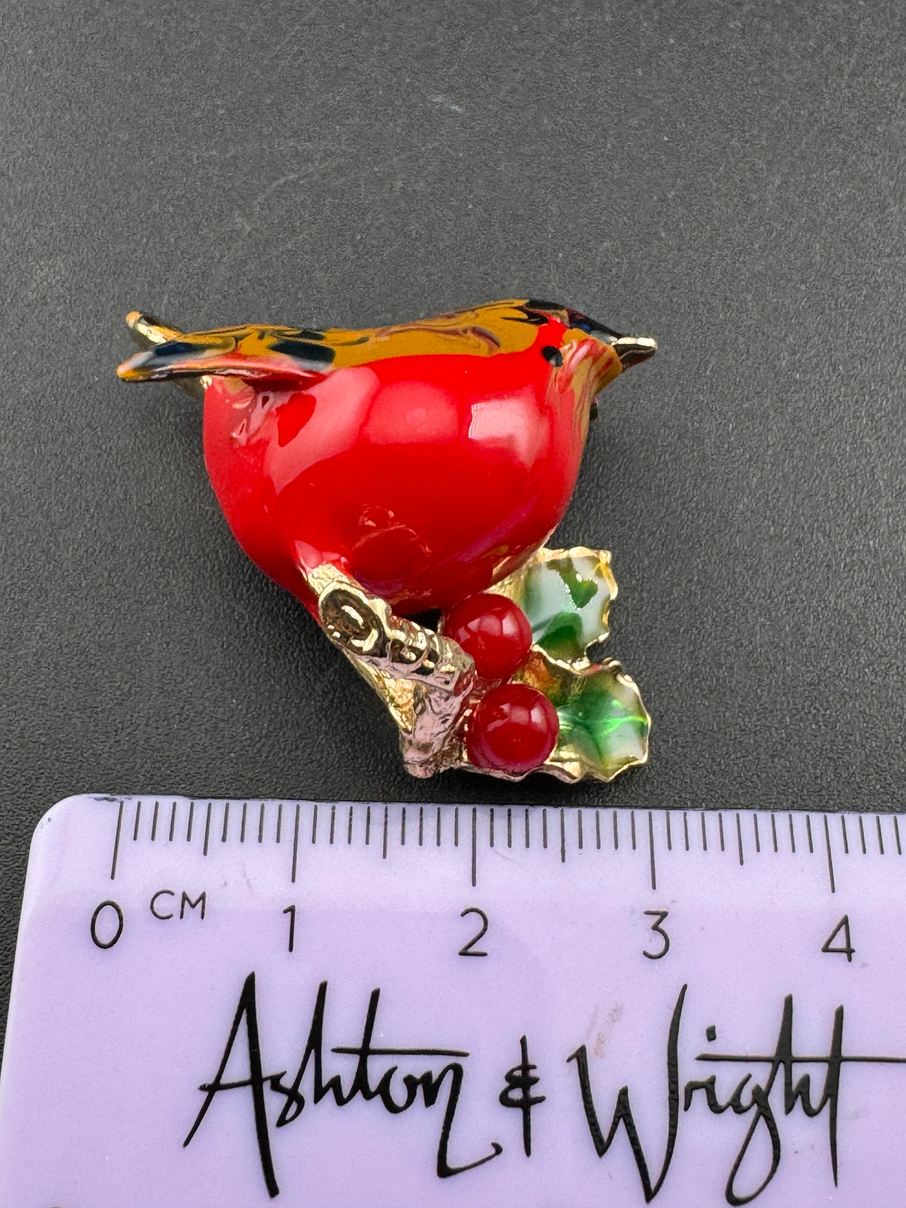 Enamel Christmas Robin bird brooch with holly