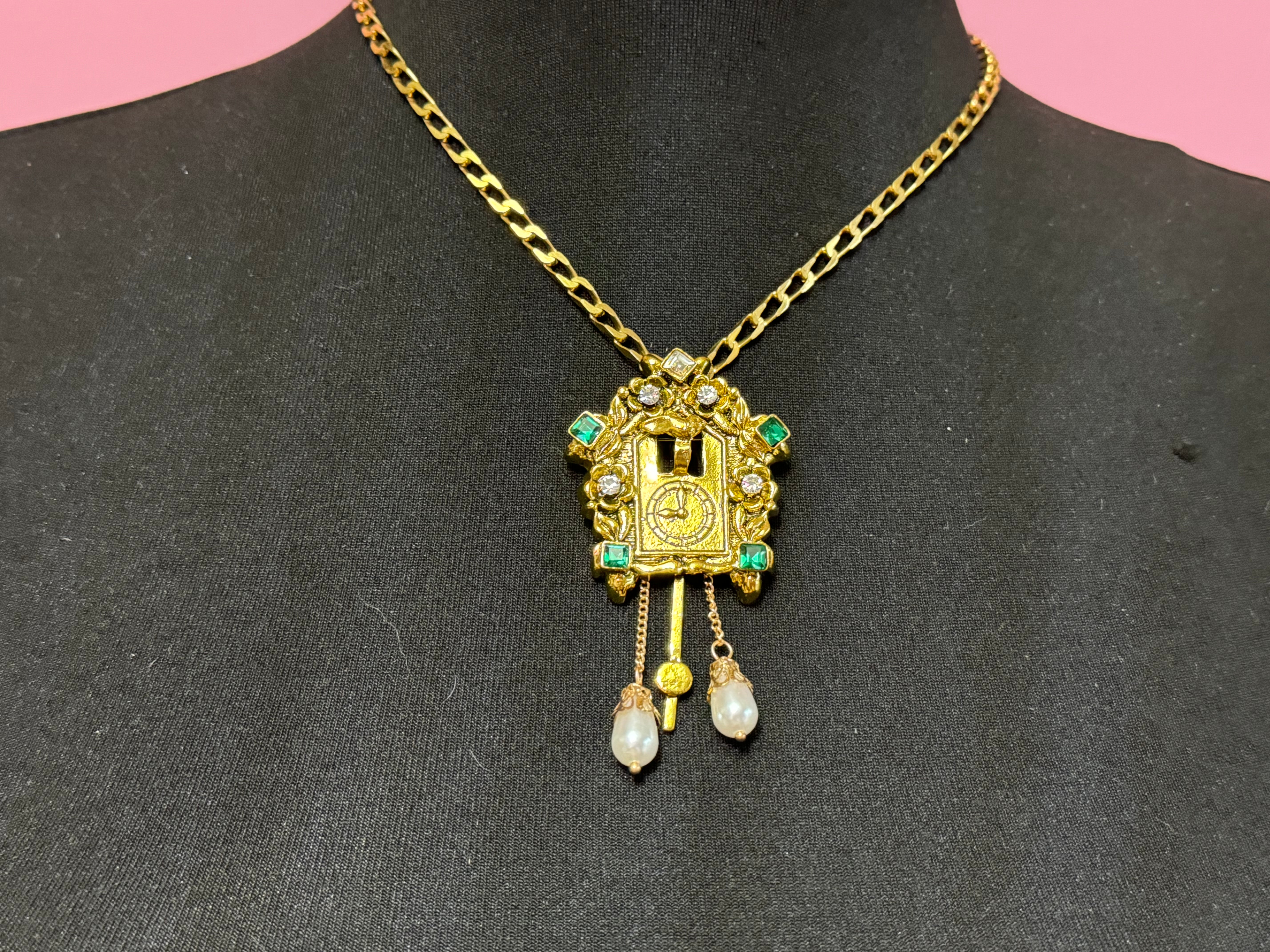 Combination novelty cuckoo clock brooch and pendant gold