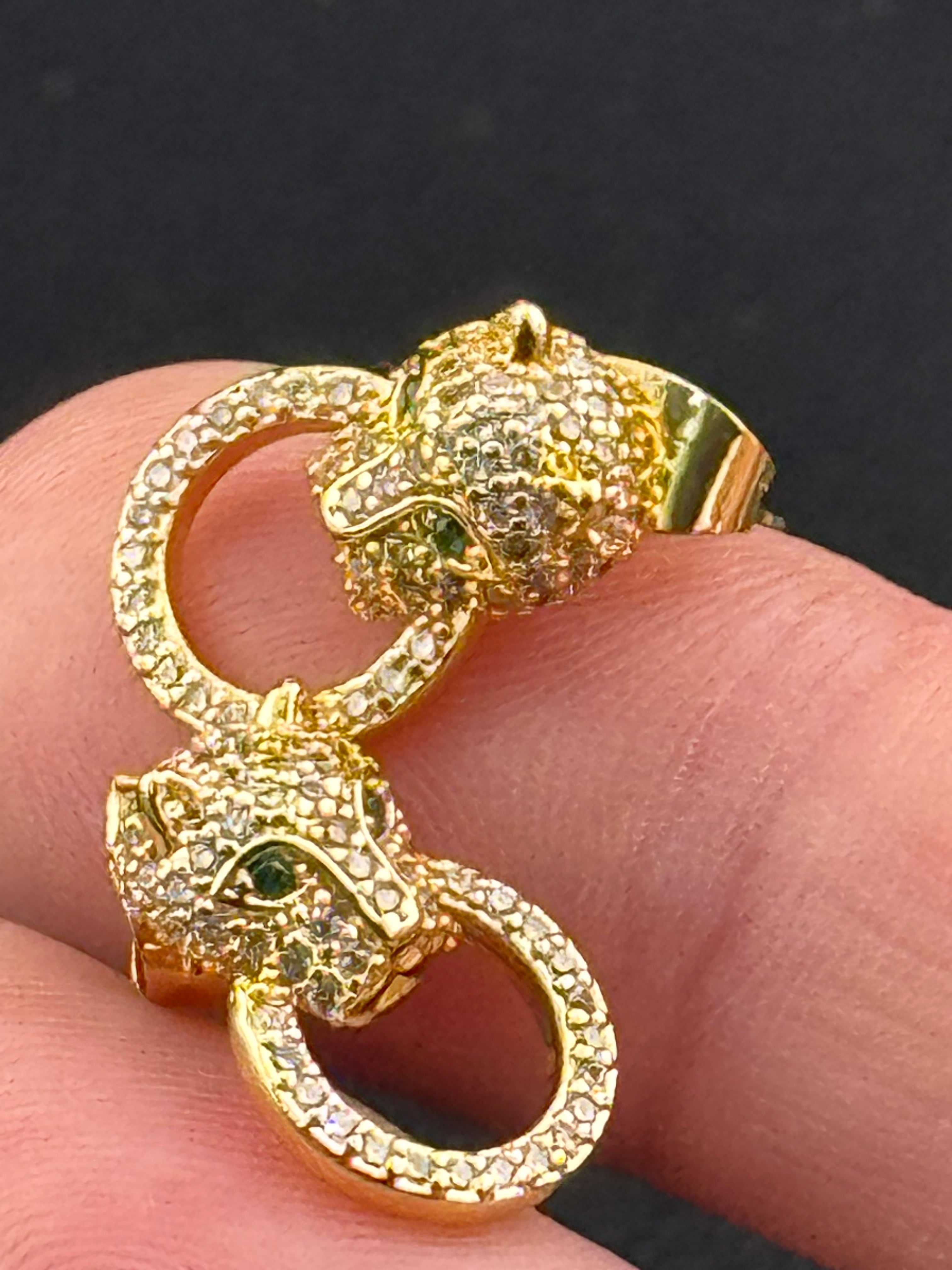 High end small gold plated Cz crystal leopard panther big cat stud earrings