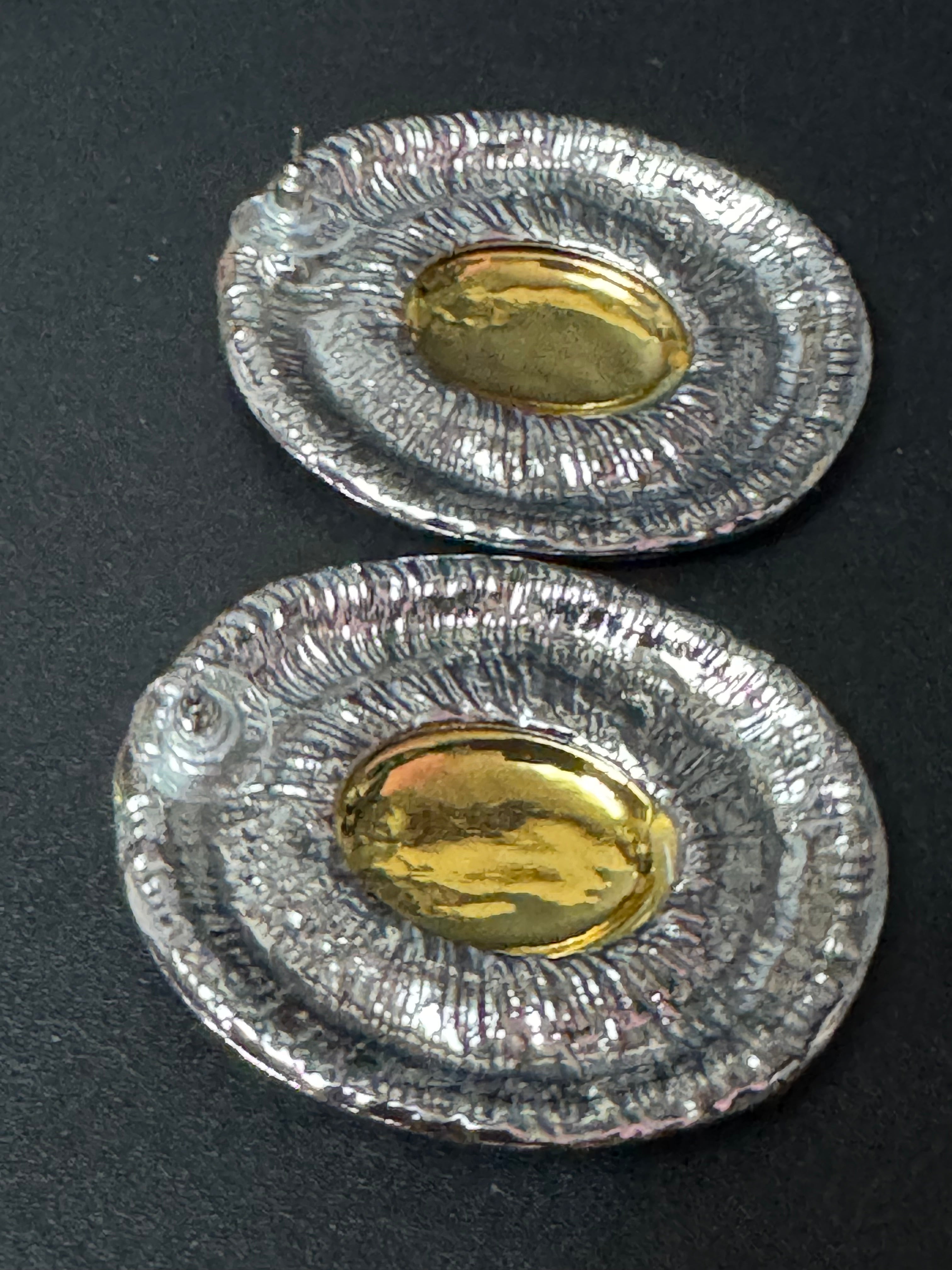 Oversized huge silver and gold tone statement Textured oval pierced stud earrings