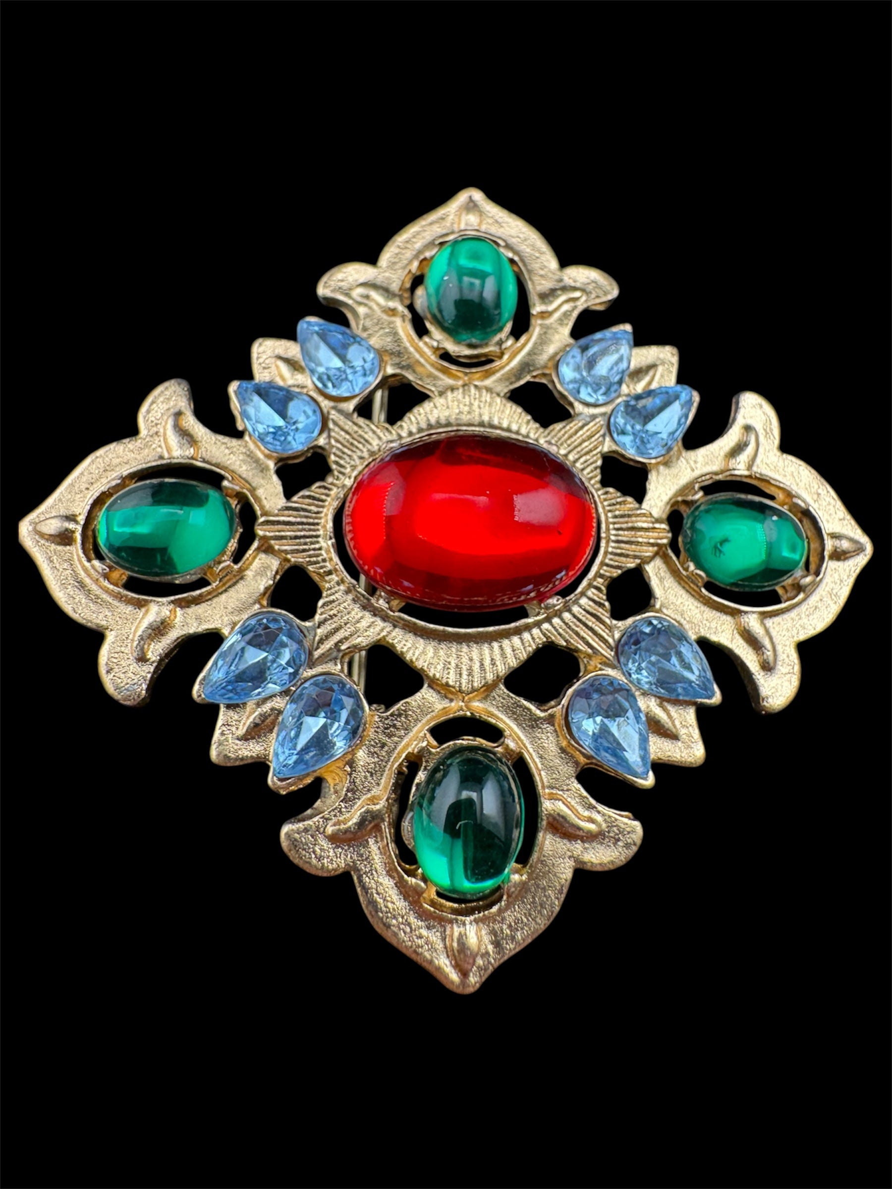 Statement Medieval style gold ruby rhinestone cross brooch