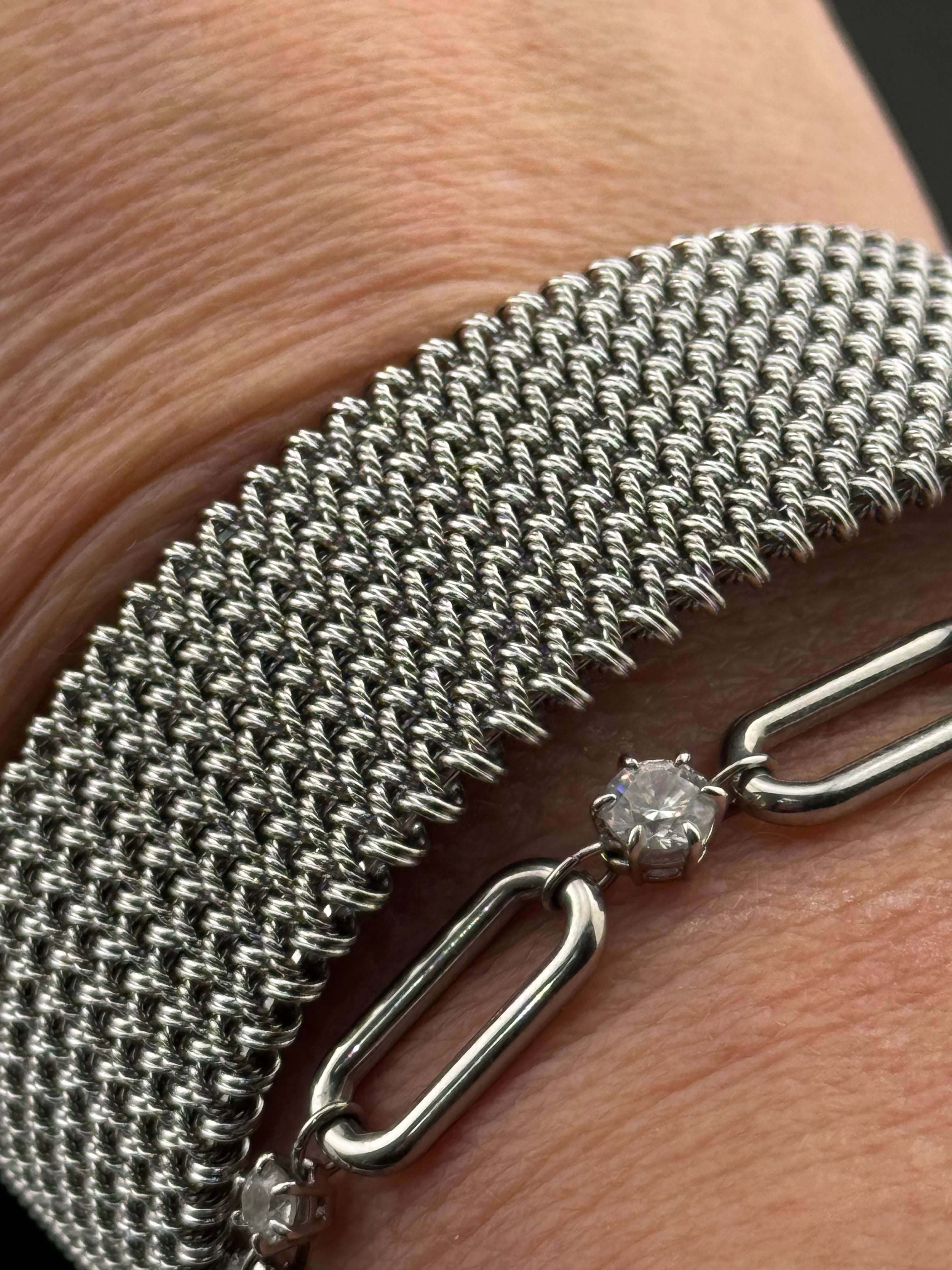 Wide silver toned mesh link open bangle bracelet vintage style