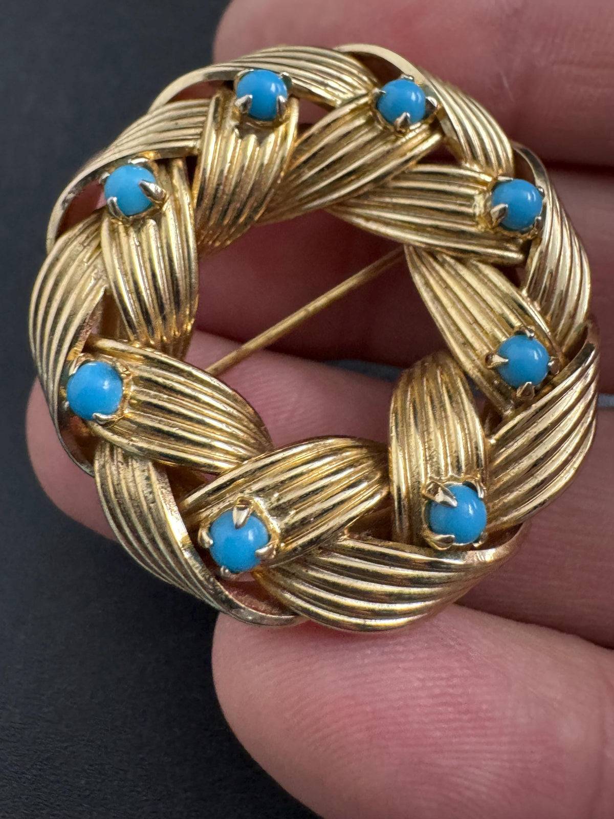 Grosse Signed Brooch, Turquoise Wreath Pin, Midcentury Gold Halo