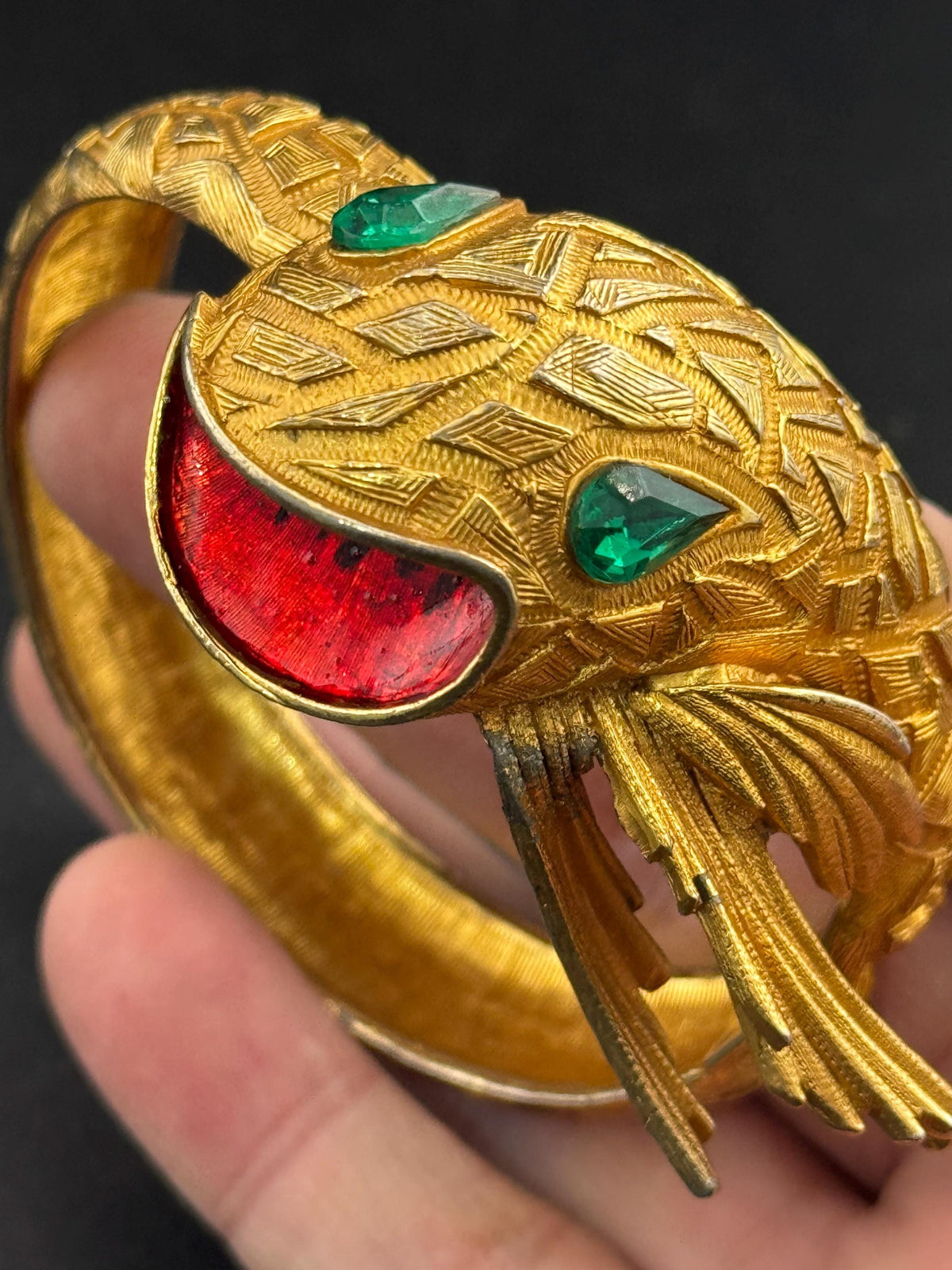 Vintage Serpent Bangle - Red Enamel, Emerald Rhinestones, Gold