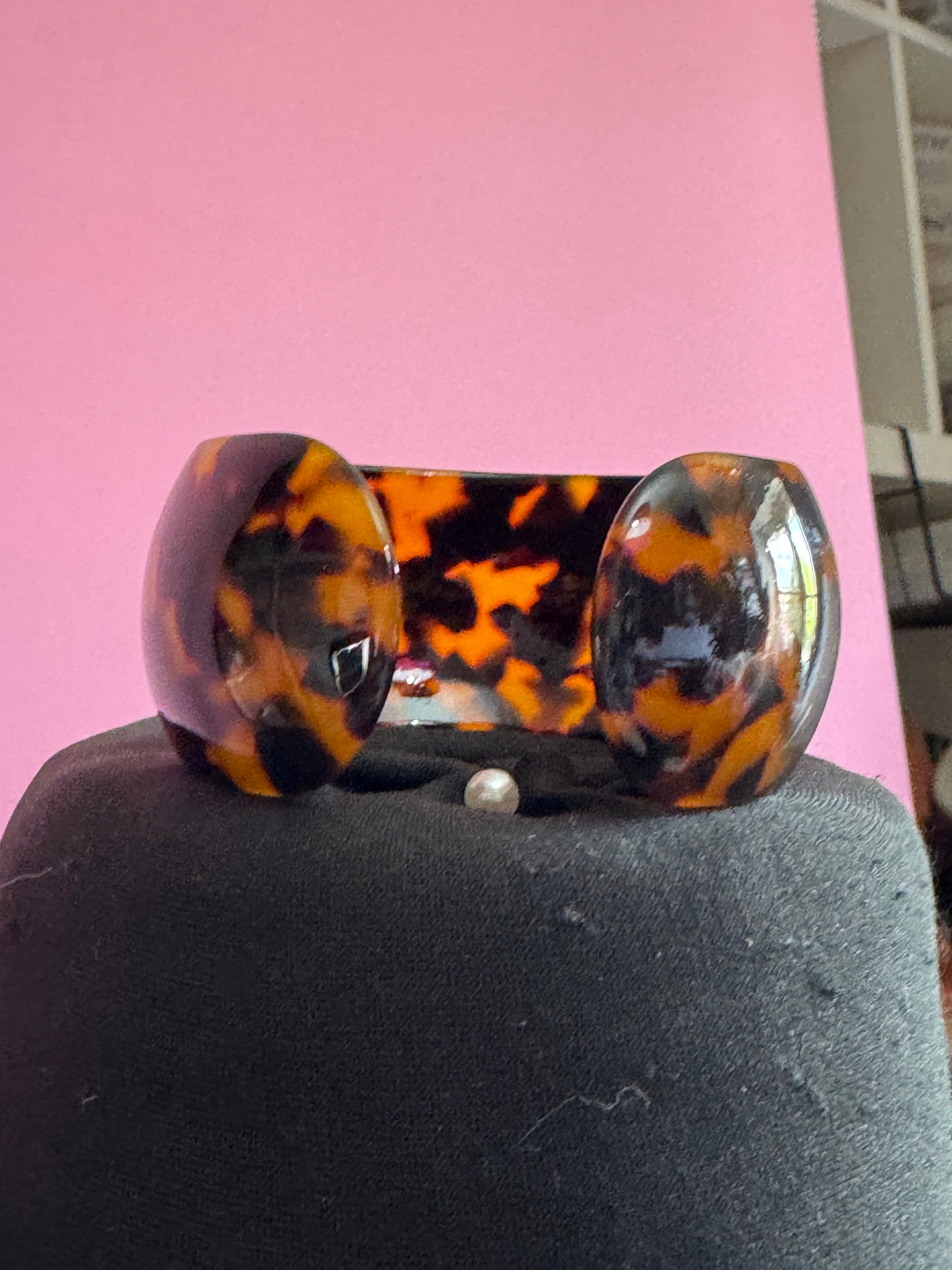Wide acrylic brown faux tortoiseshell open cuff bangle bracelet