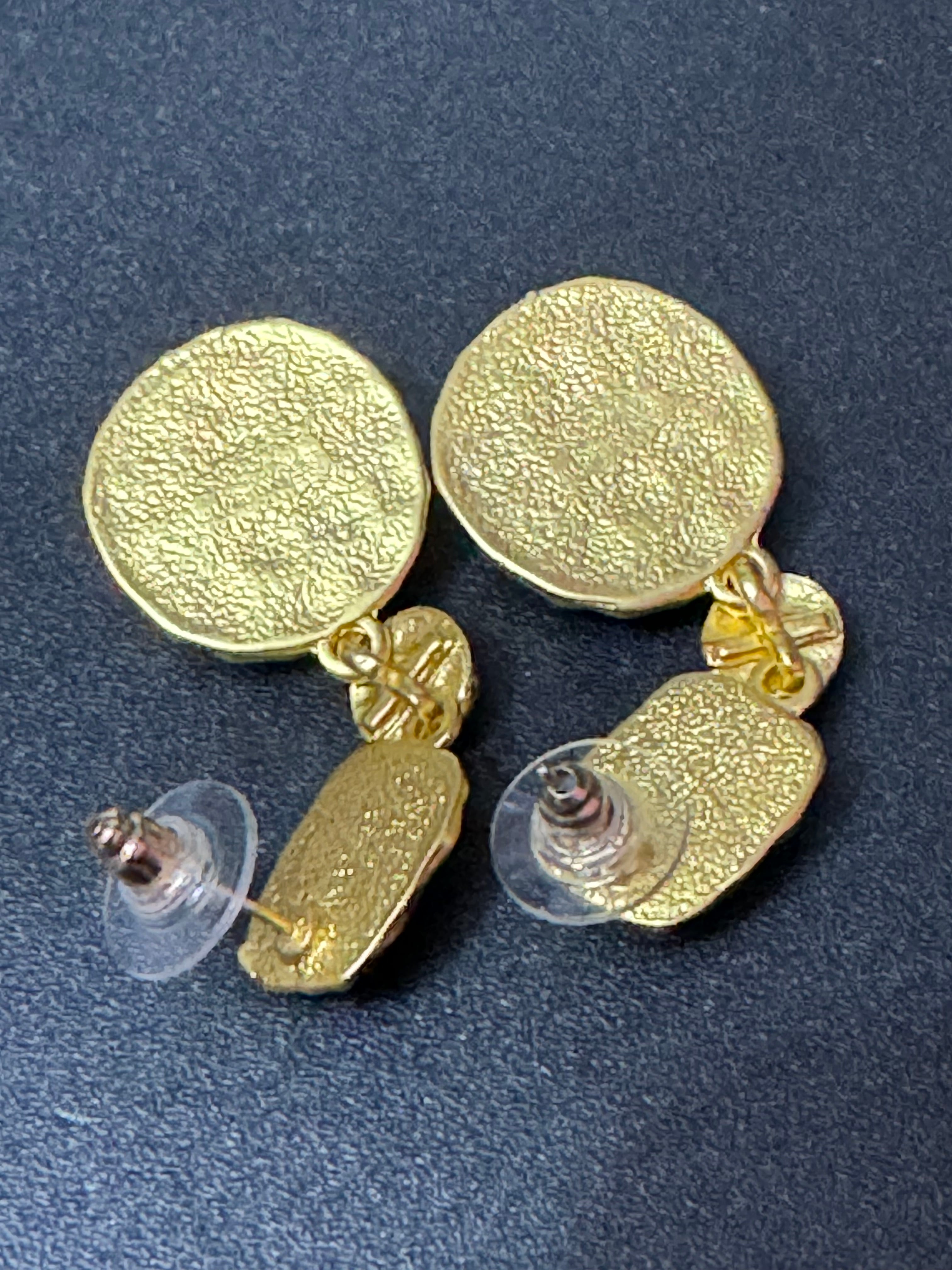 Matt gold tone Gripoix style crystal red and green cabochon earrings pierced