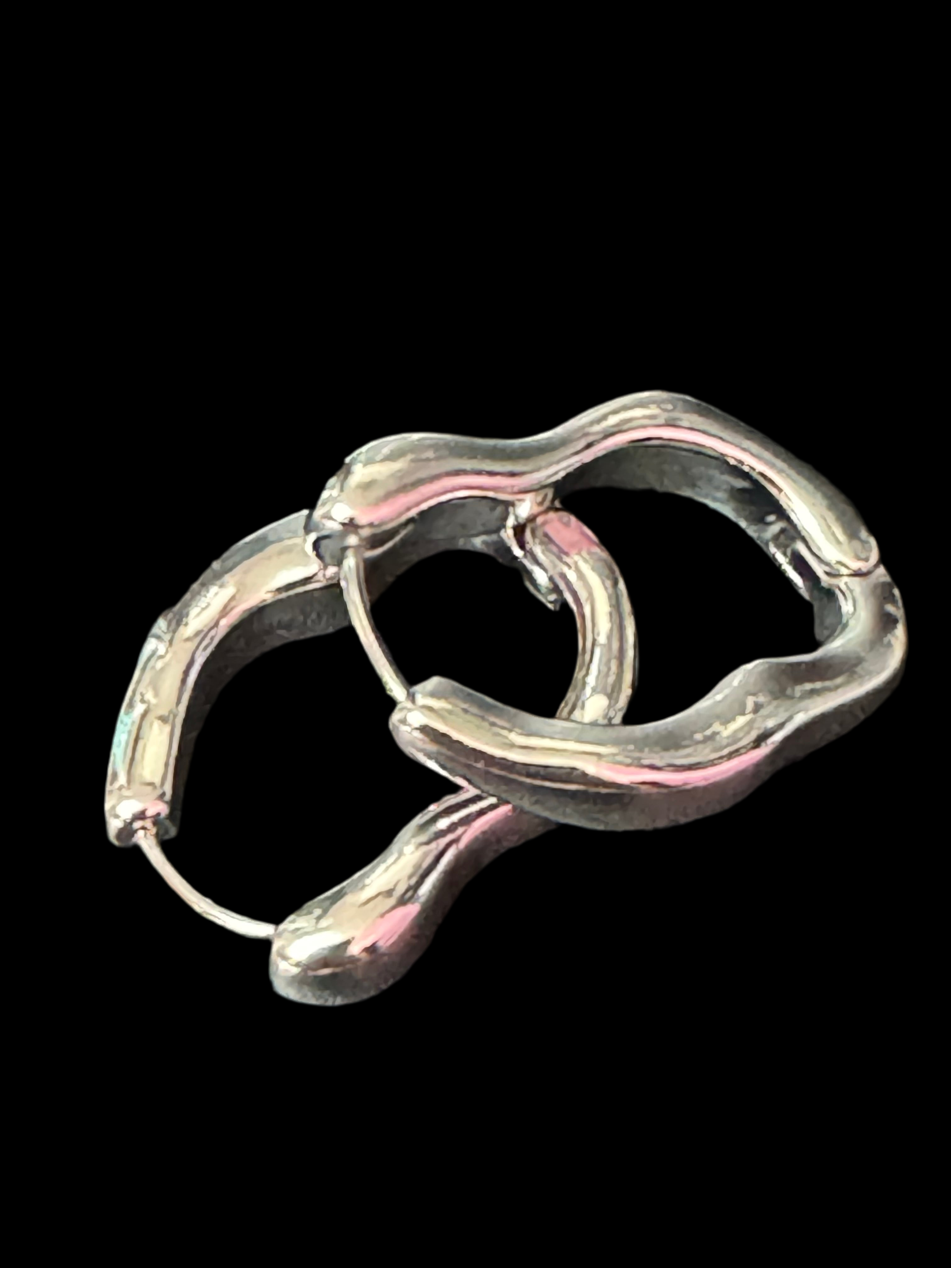 Silver Modernist abstract metal snap on hinged hoop earrings