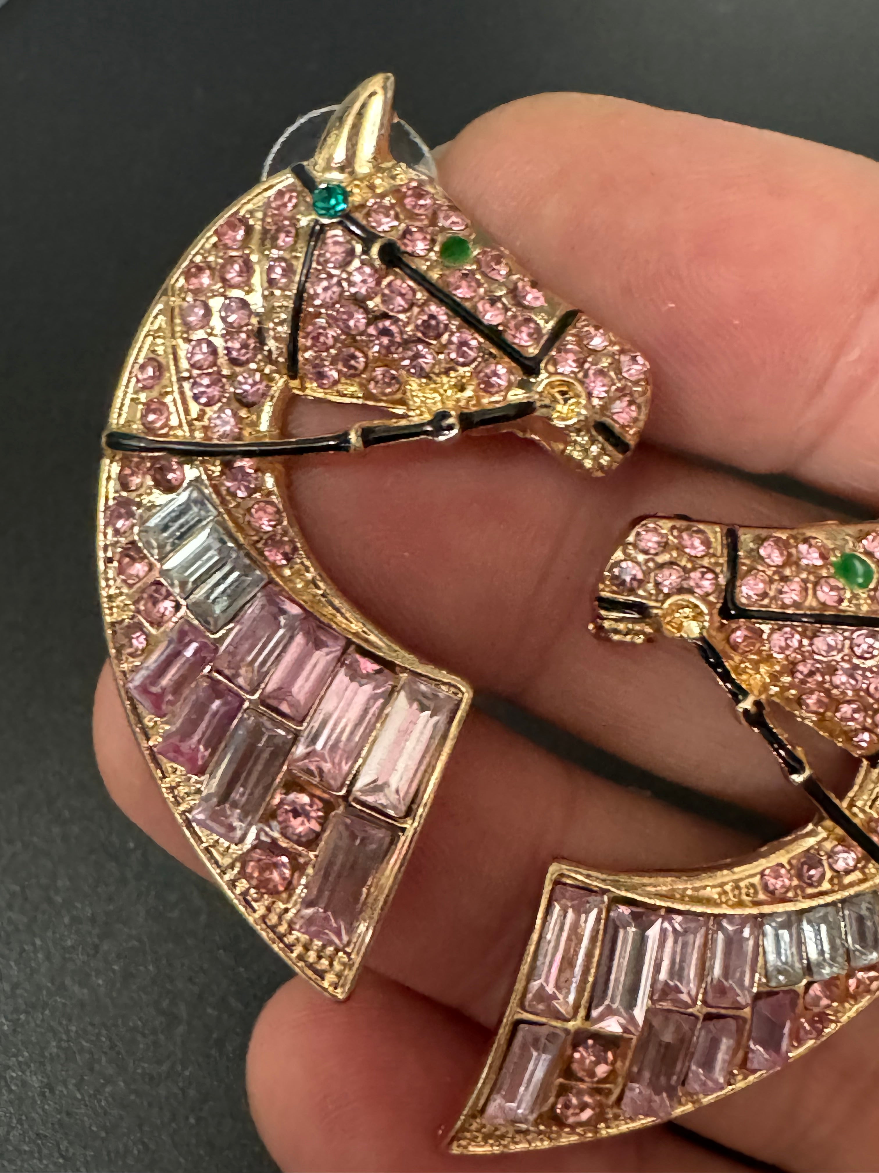 Oversized novelty horse head earrings pink crystal baguette diamanté pierced studs