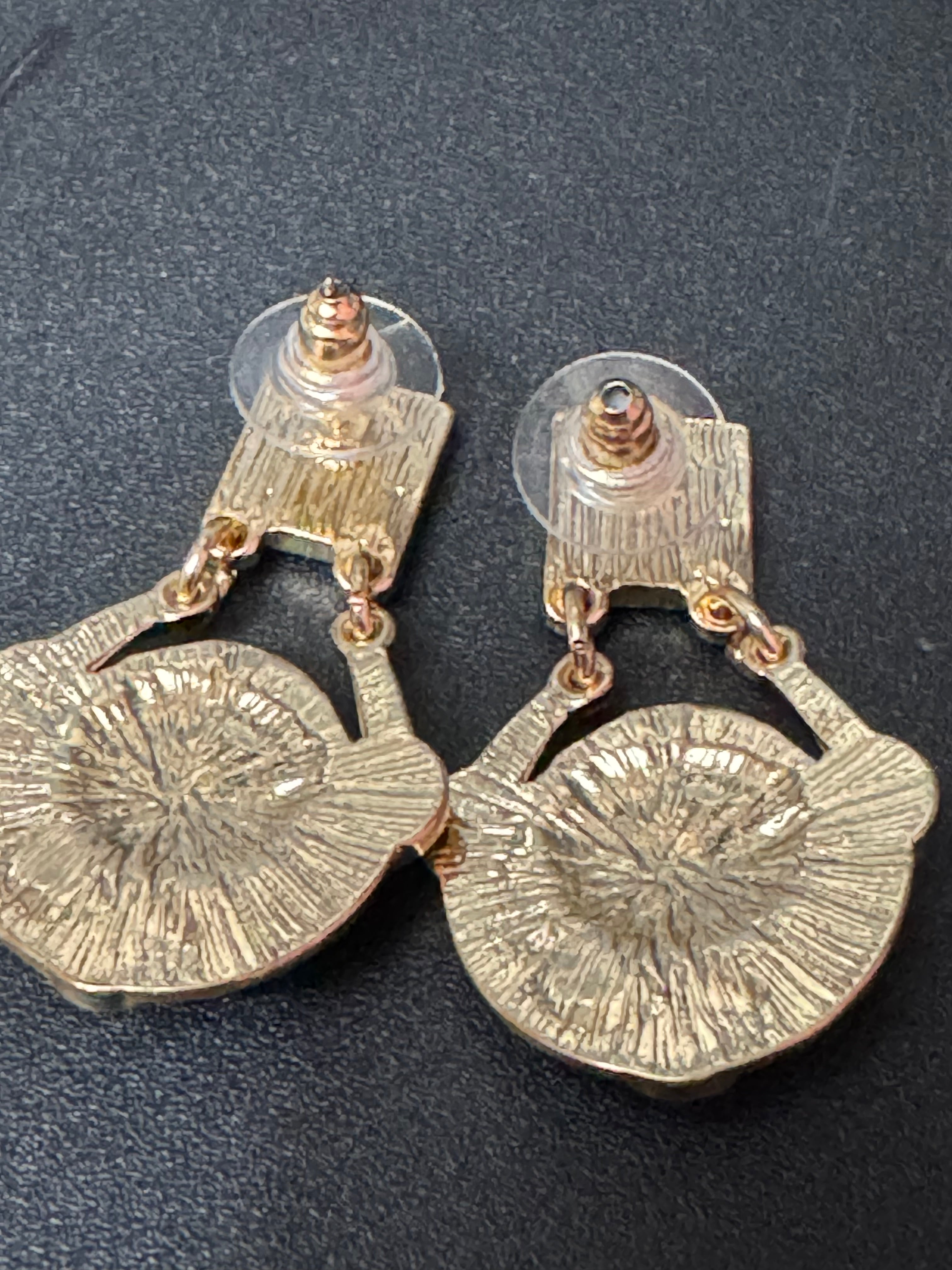 Etruscan gold disc drop earrings with turquoise and pearl cabochons