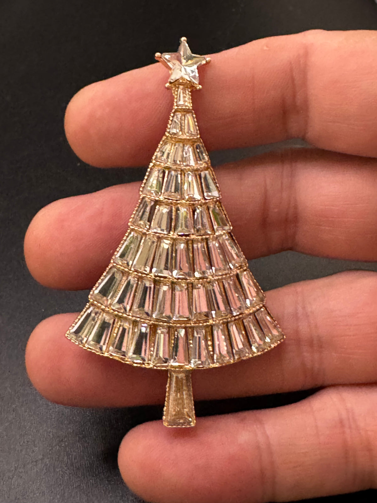 Rhinestone Christmas tree brooch, gold tone , festive jewellery
