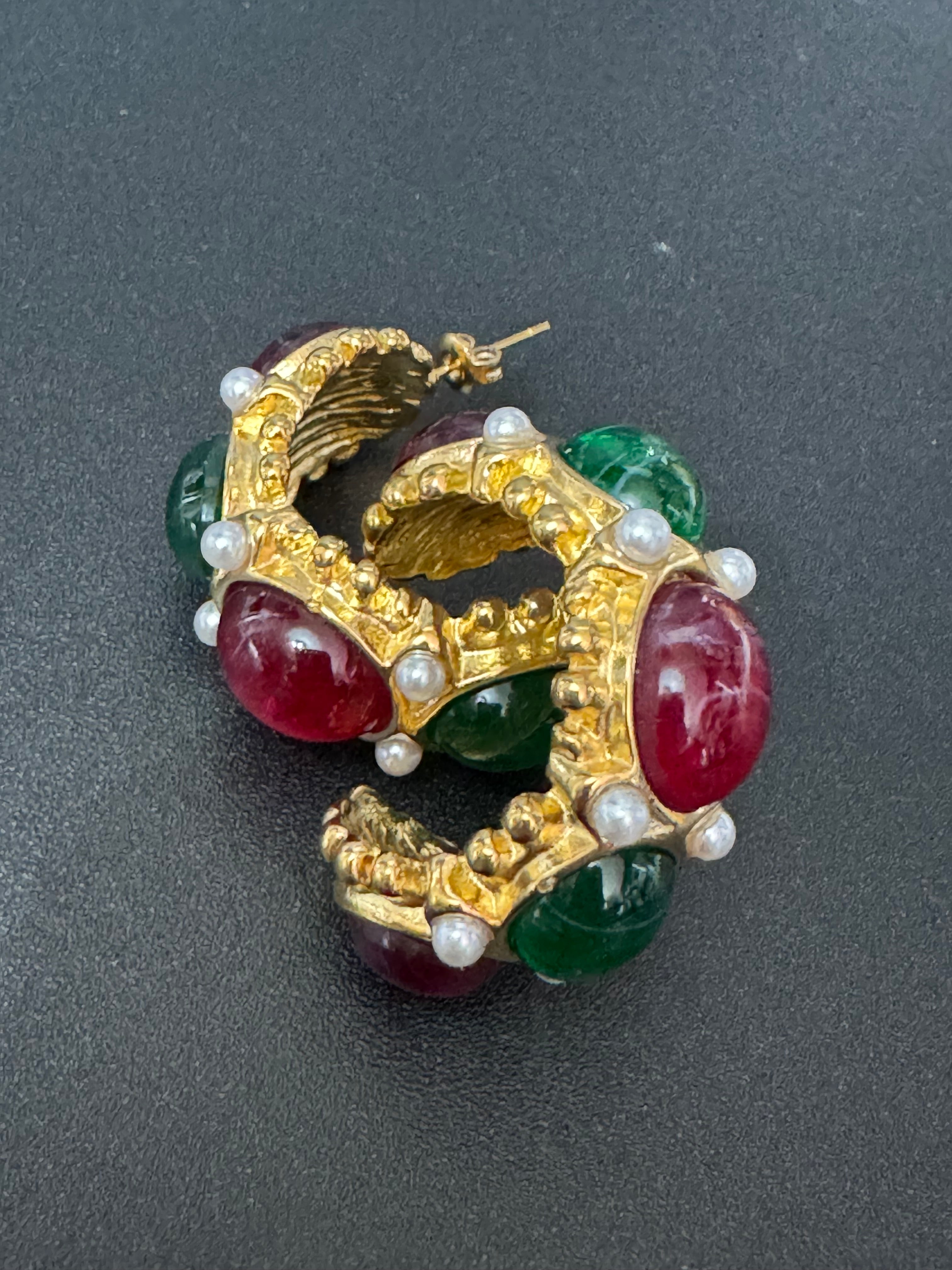 gold wide rainbow gripoix style cabochon pierced hoop earrings