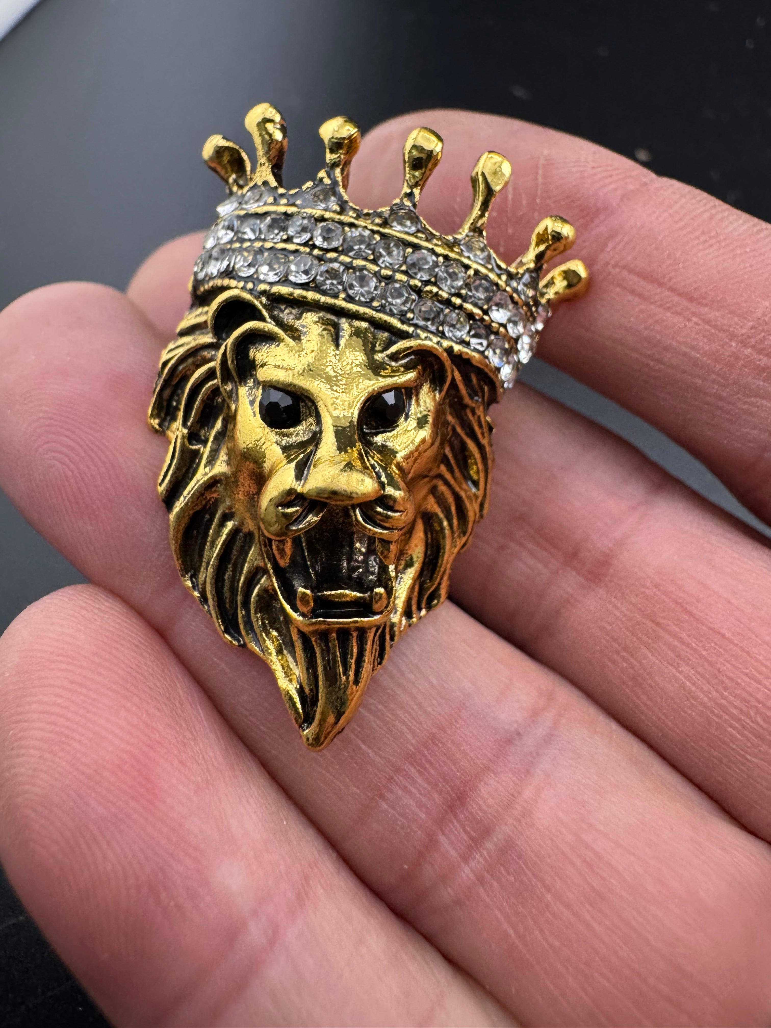 Crystal royal crown gold lion brooch, antique gold tone