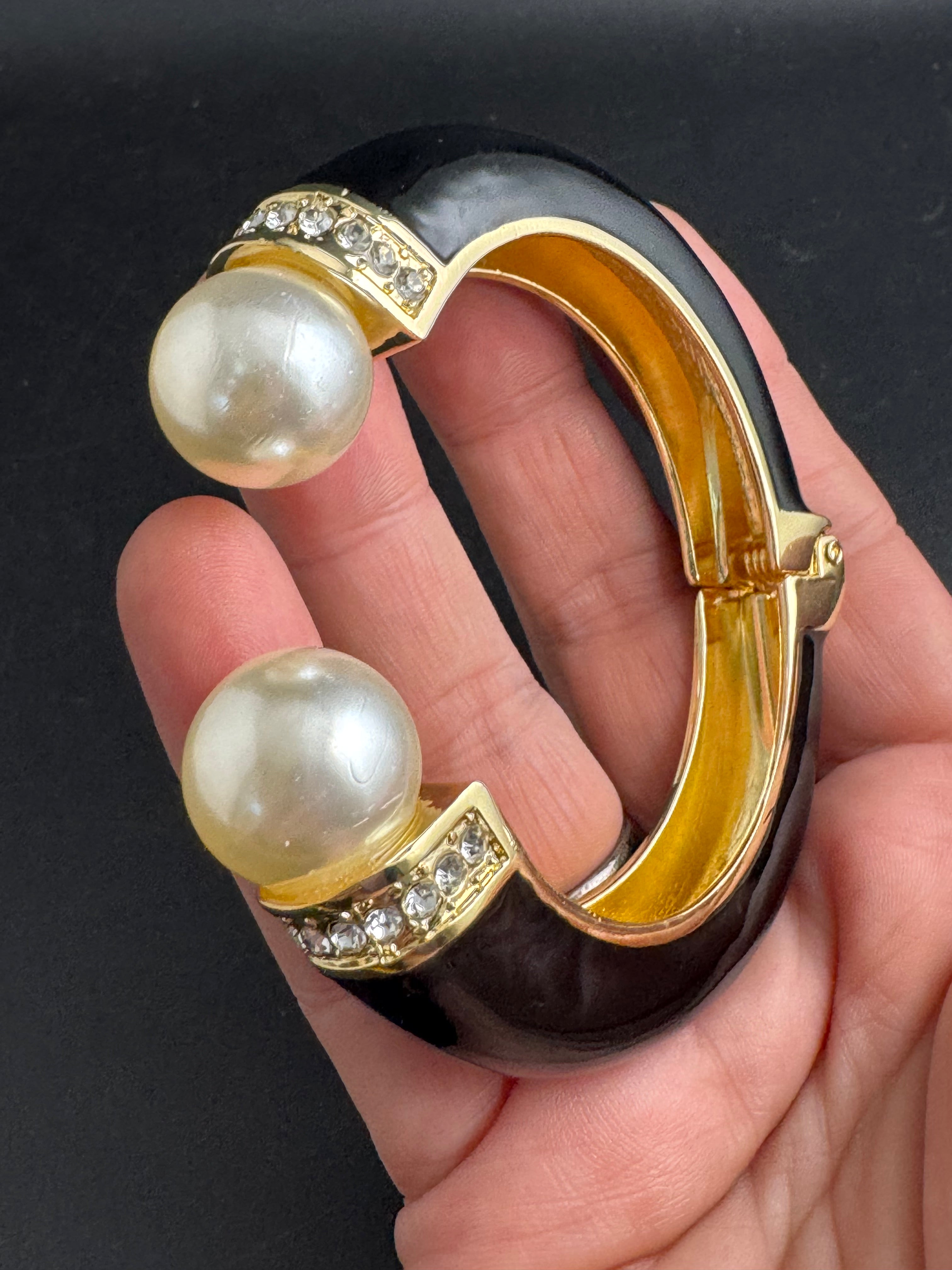 Classic black enamel Crystal clamper Bangle with pearl ball ends