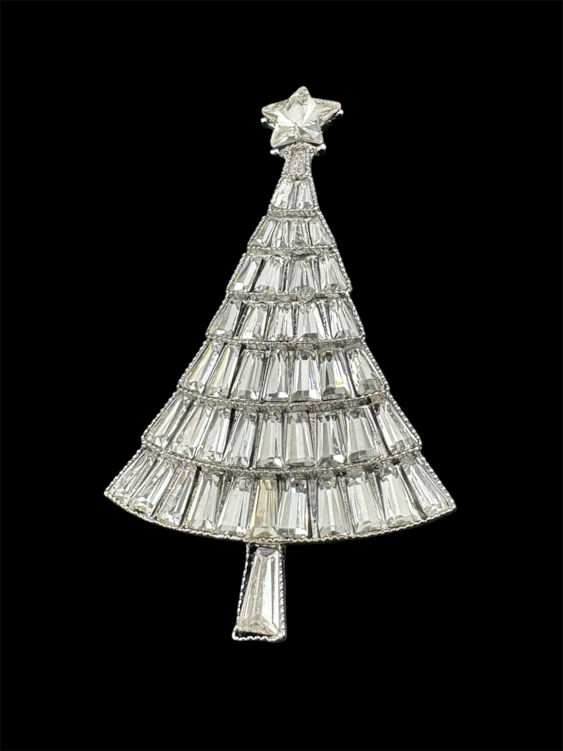 Baguette Crystal diamanté Christmas tree brooch, silver