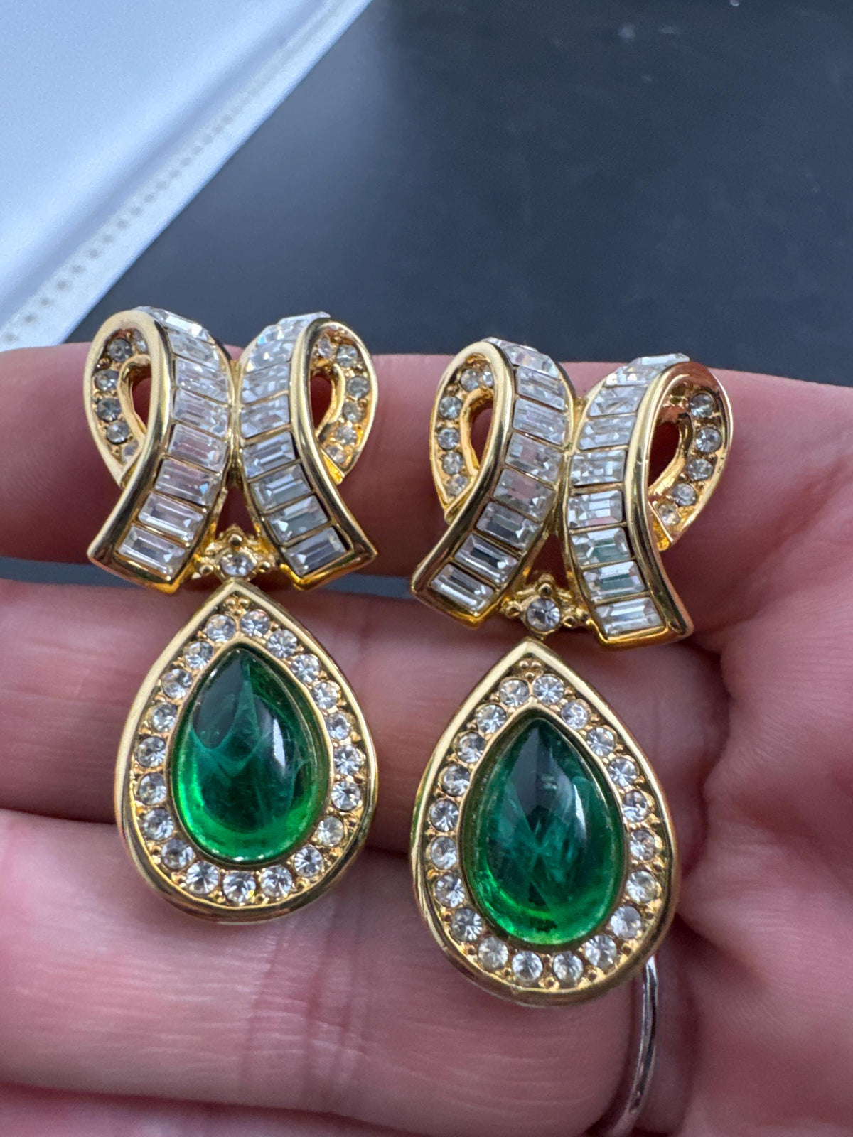 Vintage Dior Clip Earrings, Green Gripoix, Gold Tone, Signed Dior