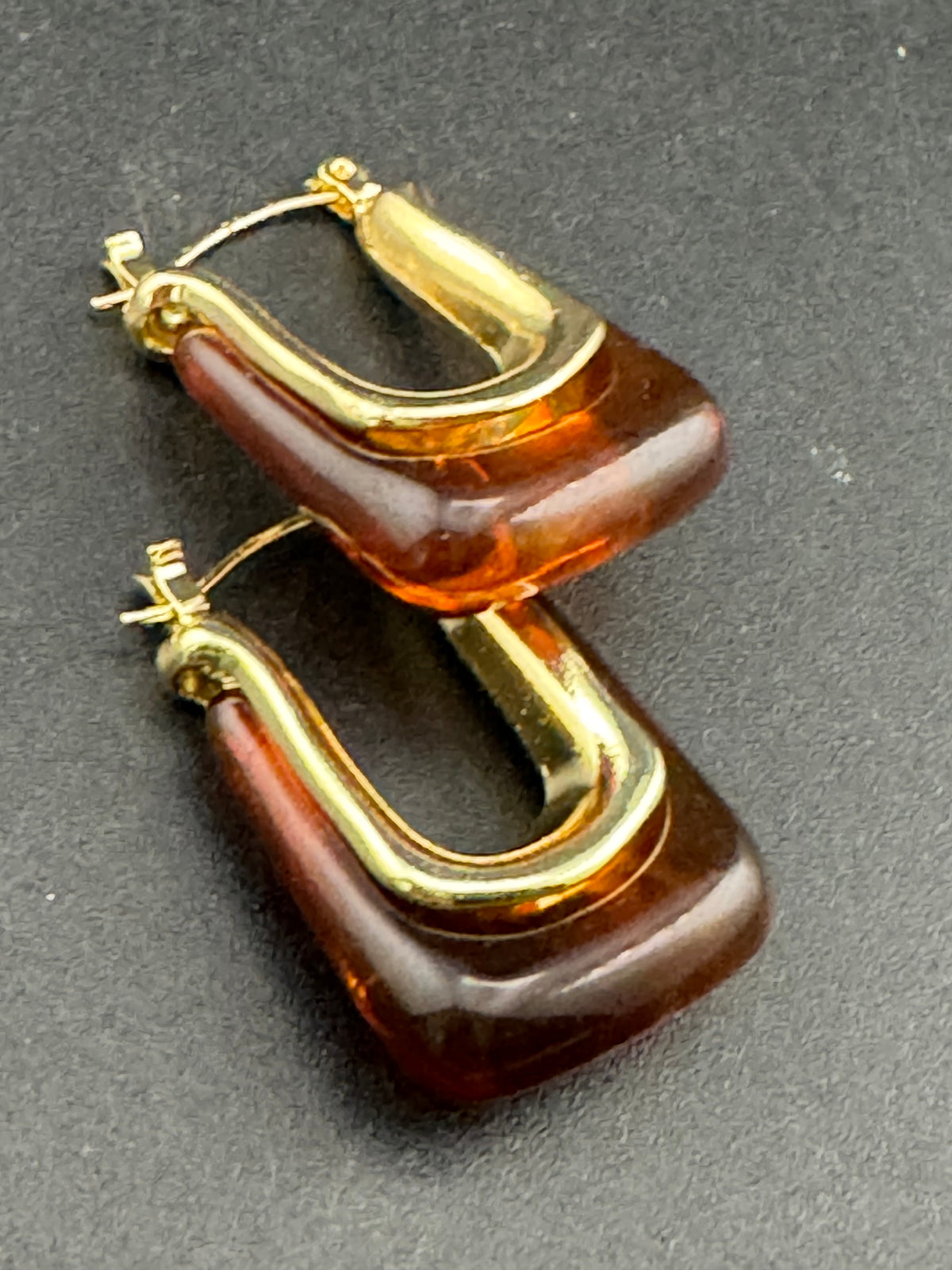 Rectangular Hoop Earrings, Brown Acrylic, 3 Cm Drop, Goldtone Posts