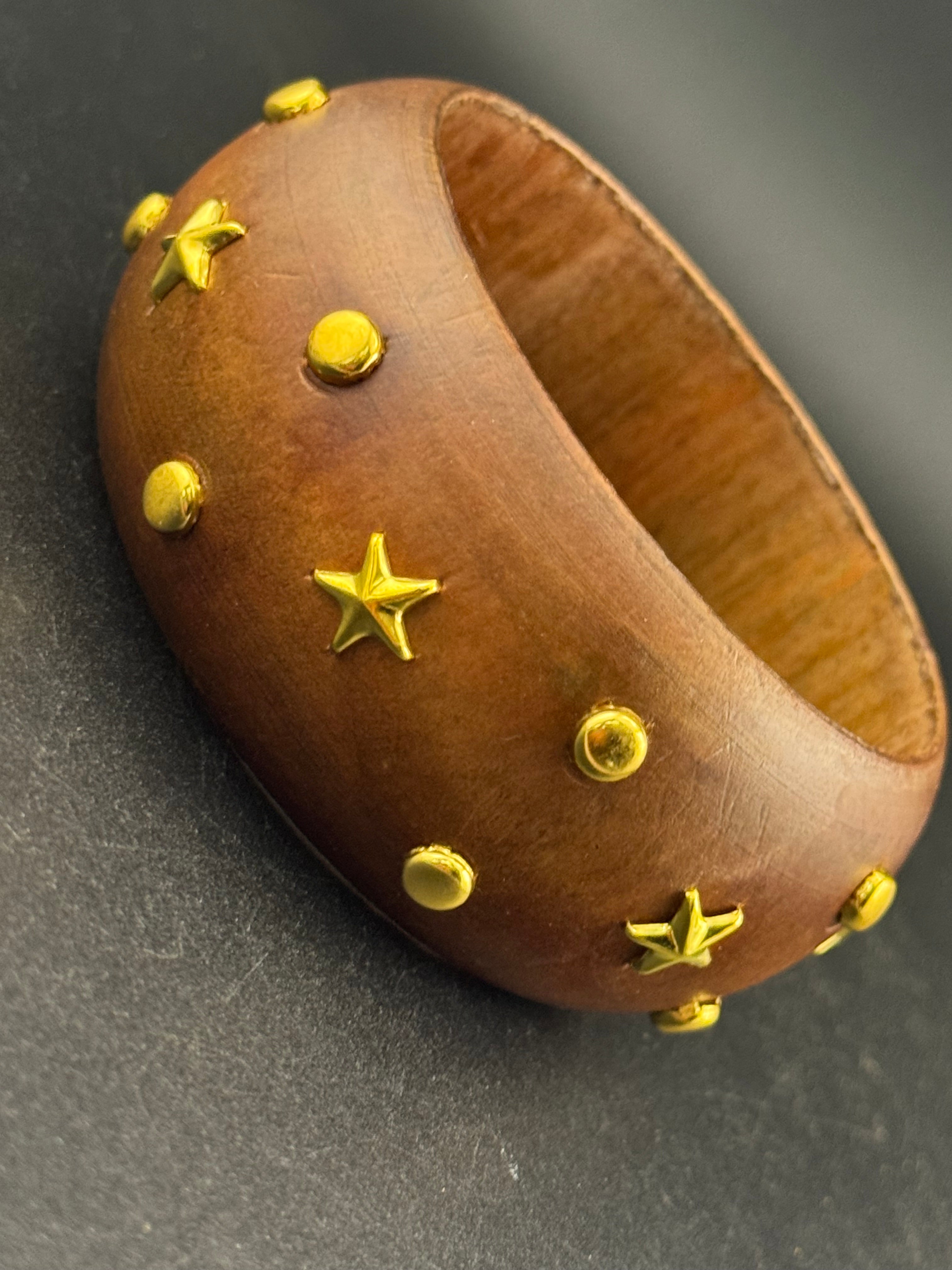 Oversized wide designed star and stud wooden bangle