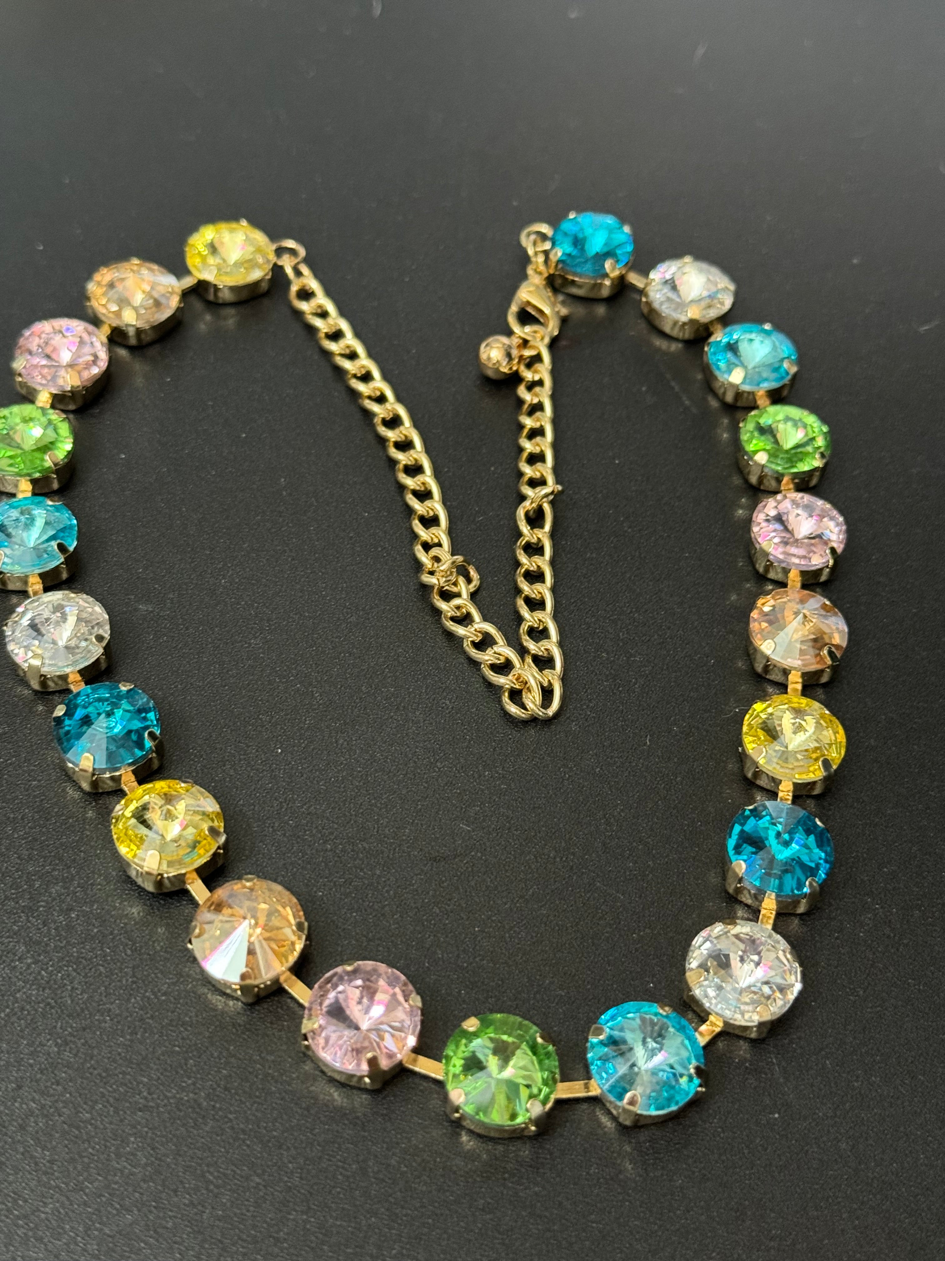 Summer pastels pink yellow blue green crystal diamanté necklace