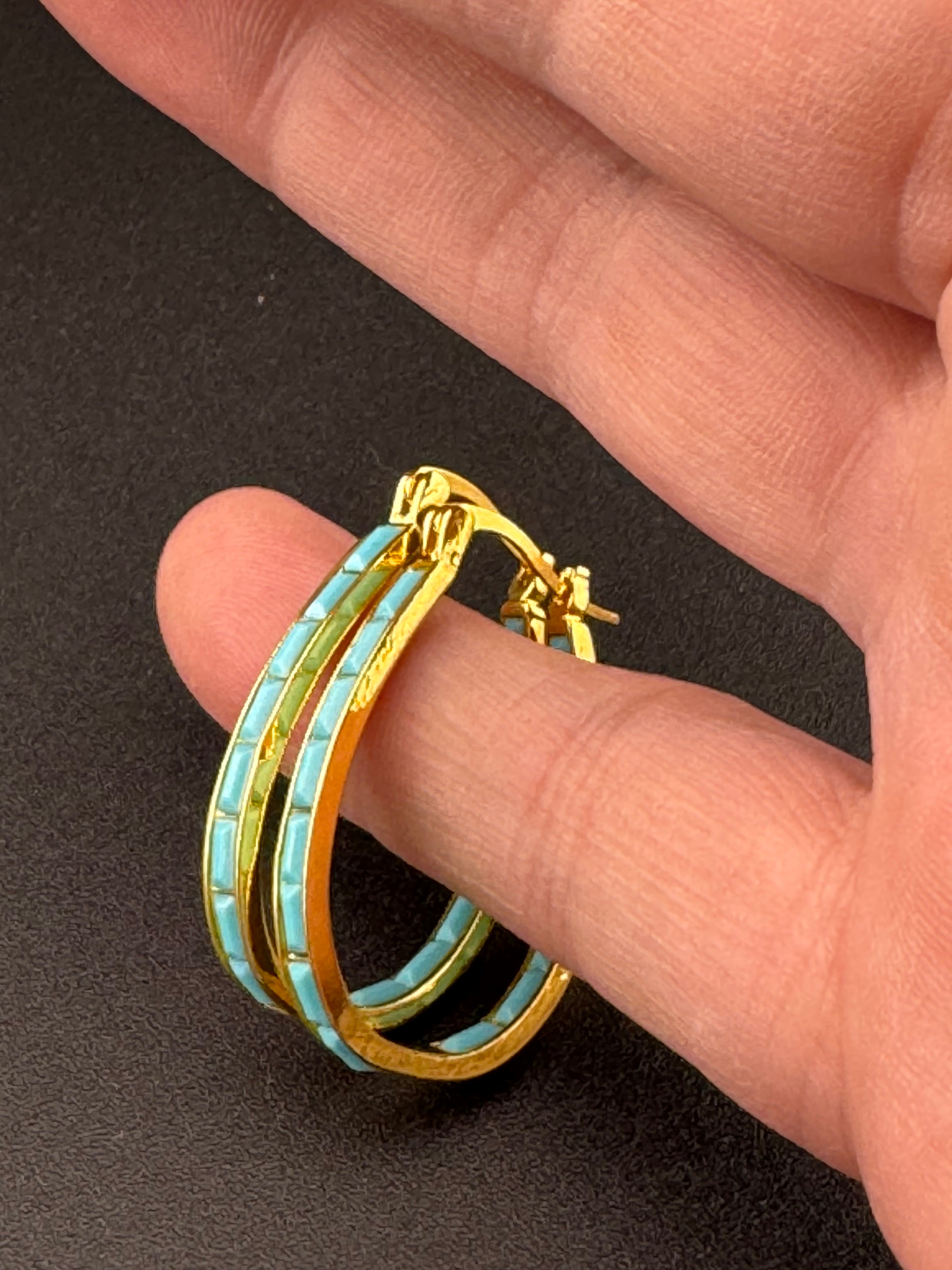 Turquoise blue gold tone oval hoop earrings