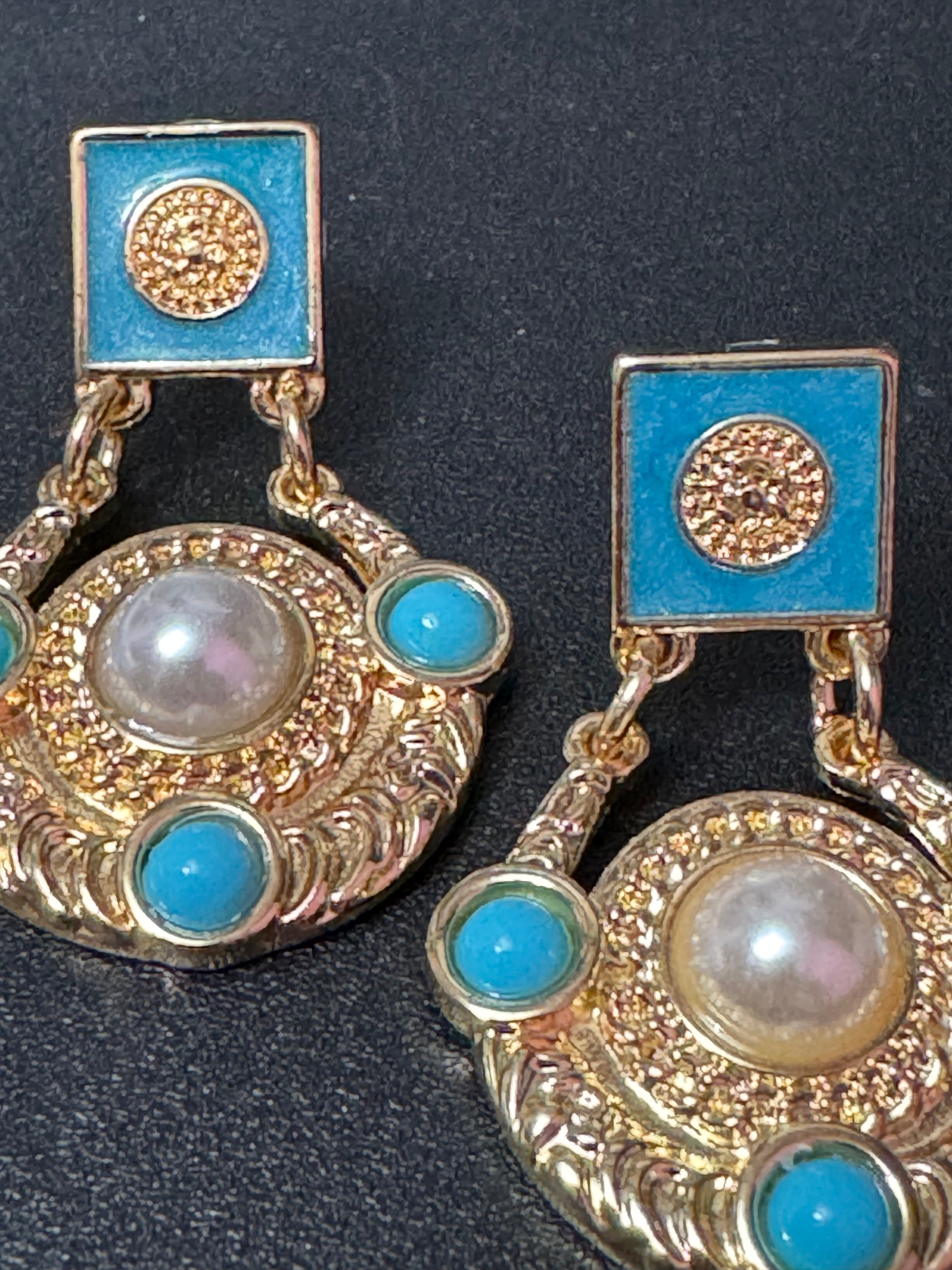 Etruscan gold disc drop earrings with turquoise and pearl cabochons