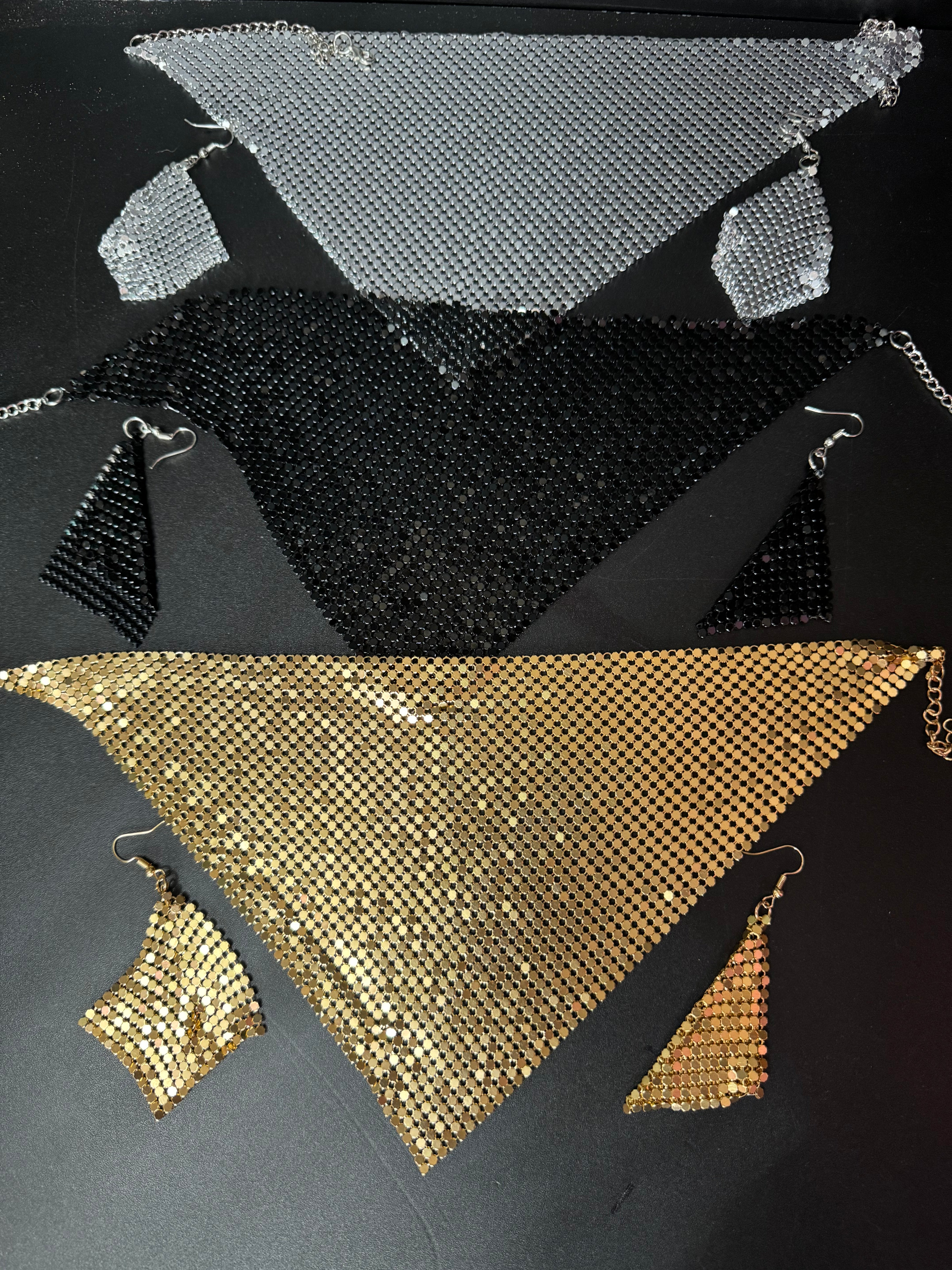 Gold silver or black mesh bib choker necklace and matching earrings Disco jewellery