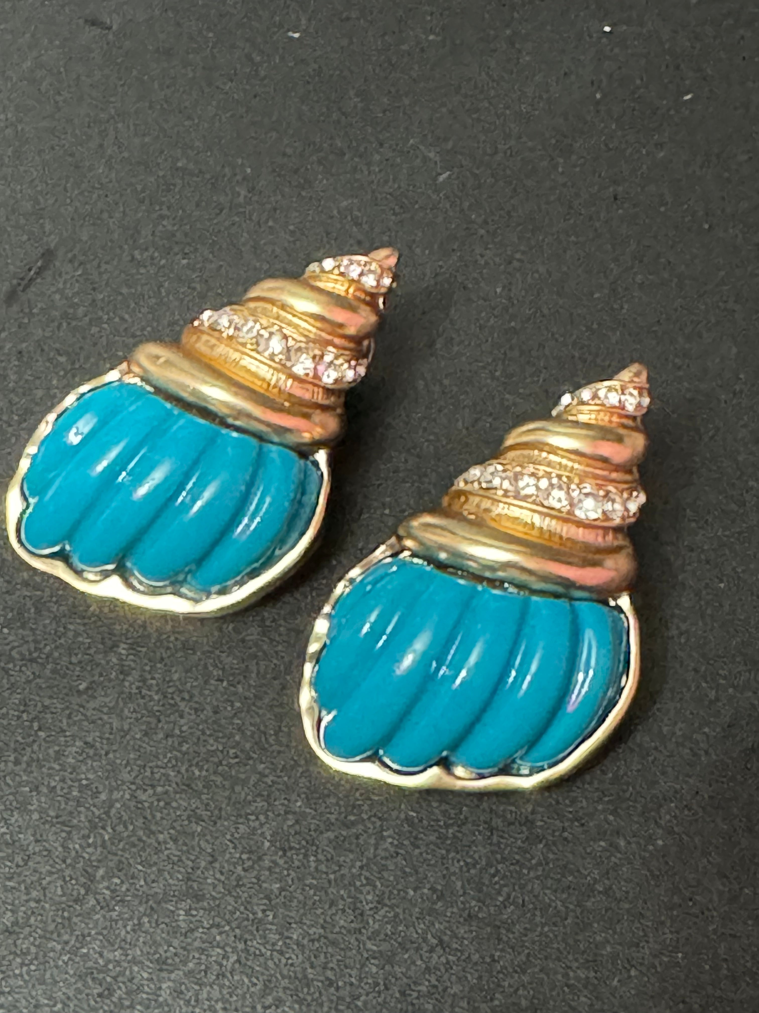 Oversized XL turquoise blue and gold seashell conch crystal earrings