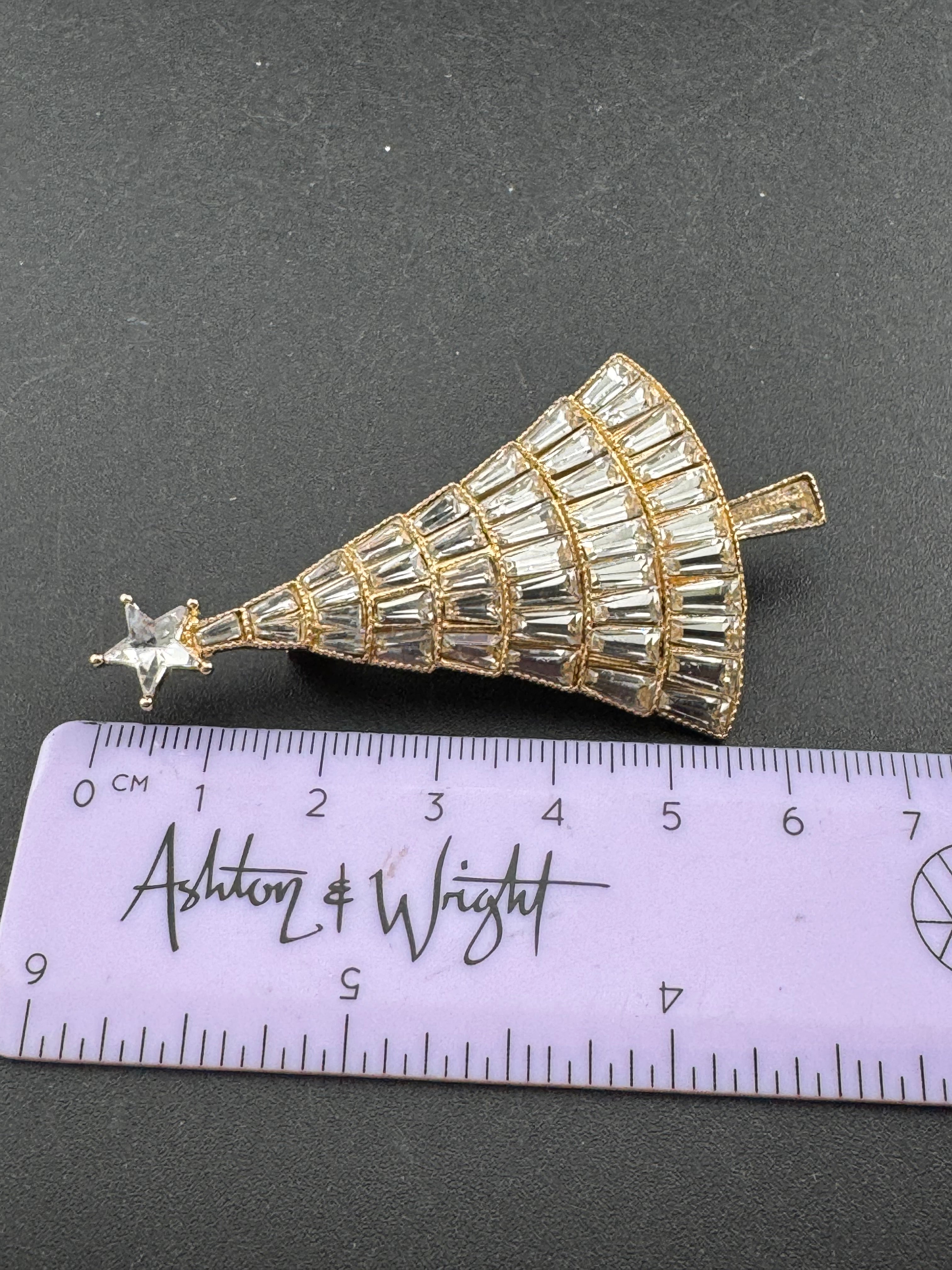 Baguette Crystal diamanté Christmas tree brooch, gold