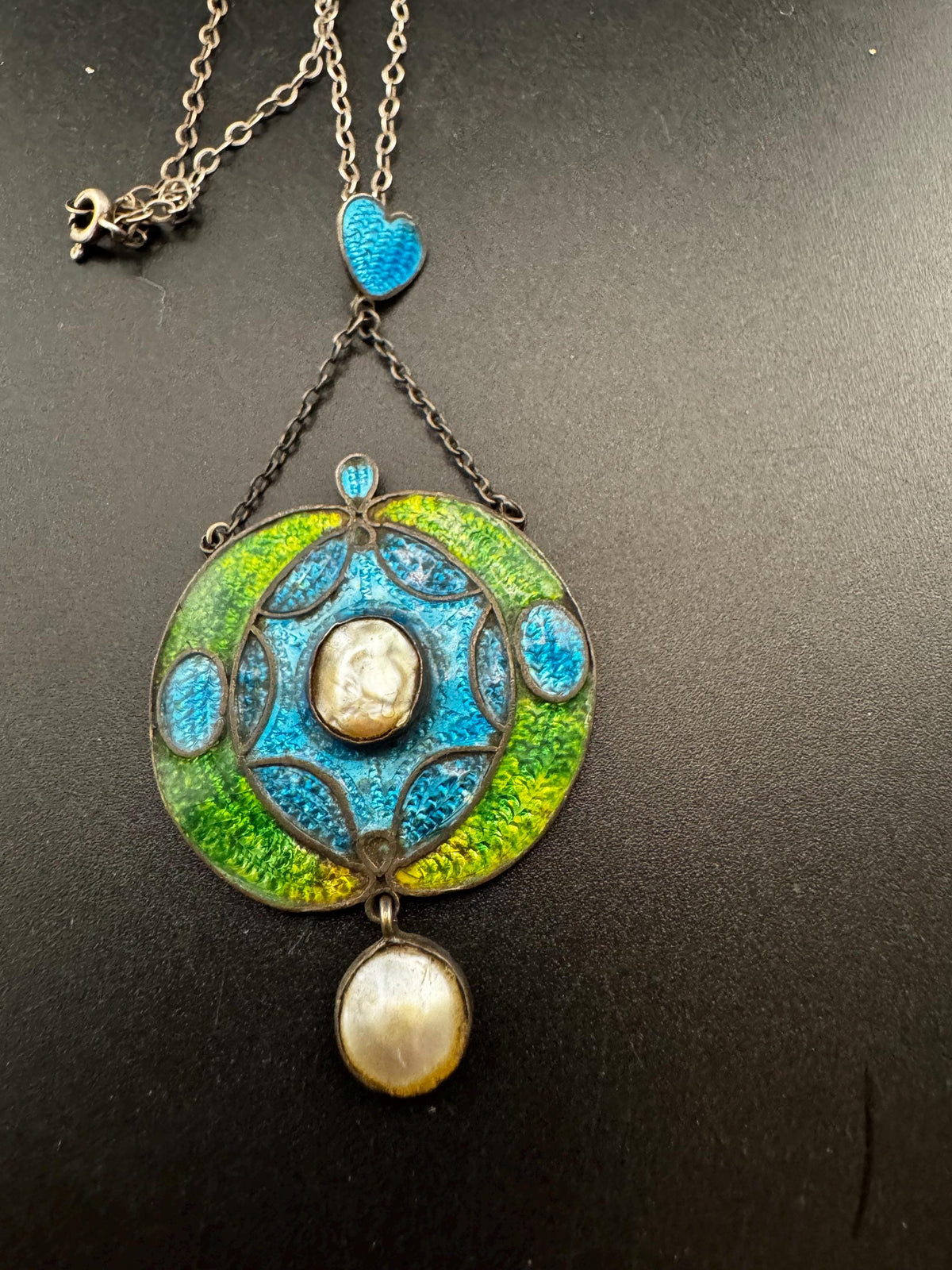 Art Nouveau Enamel Necklace, Antique Silver Pearl Guilloche Drop