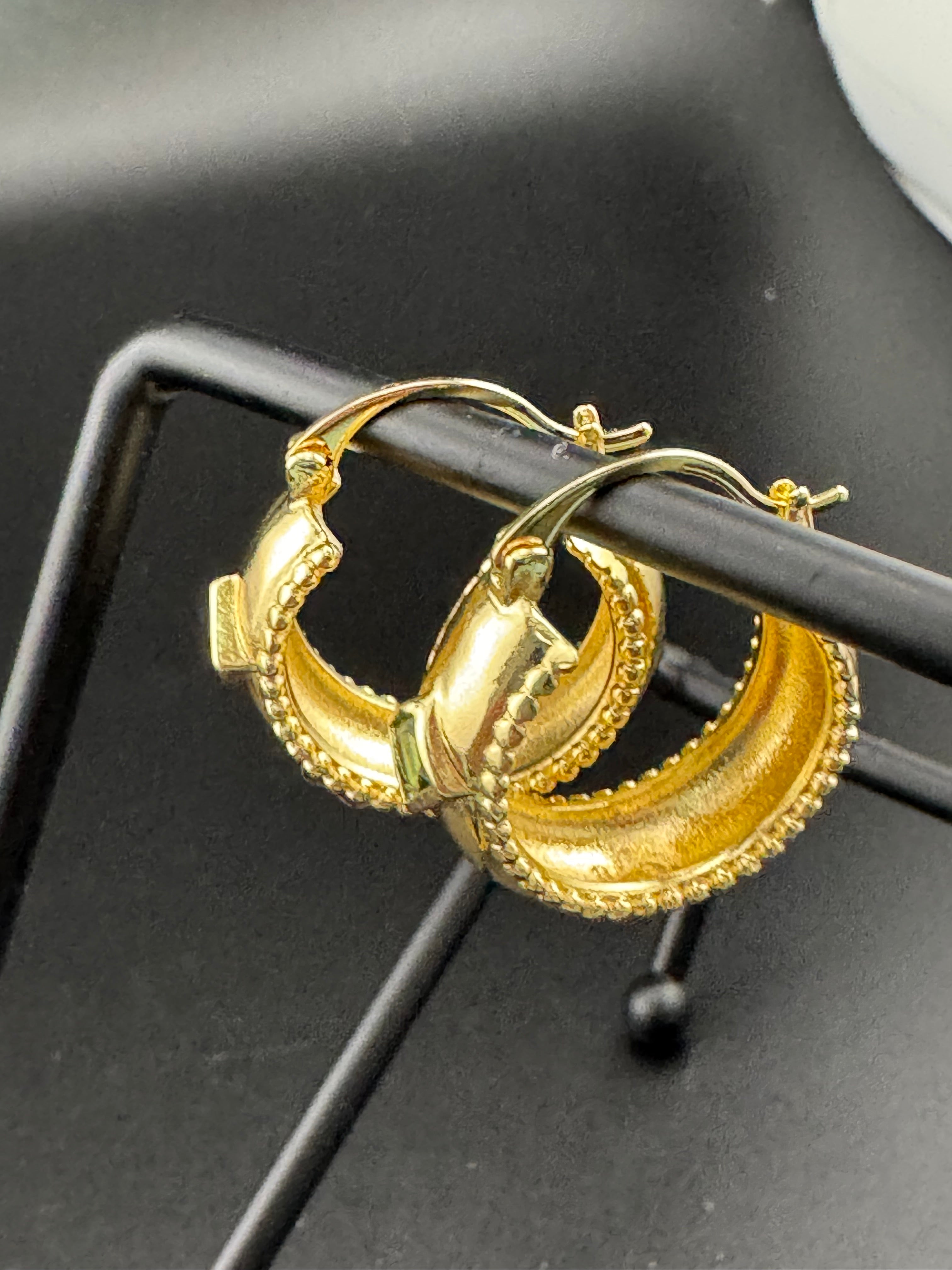Wide crystal gold hoop earrings with pink emerald and tourmaline crystals