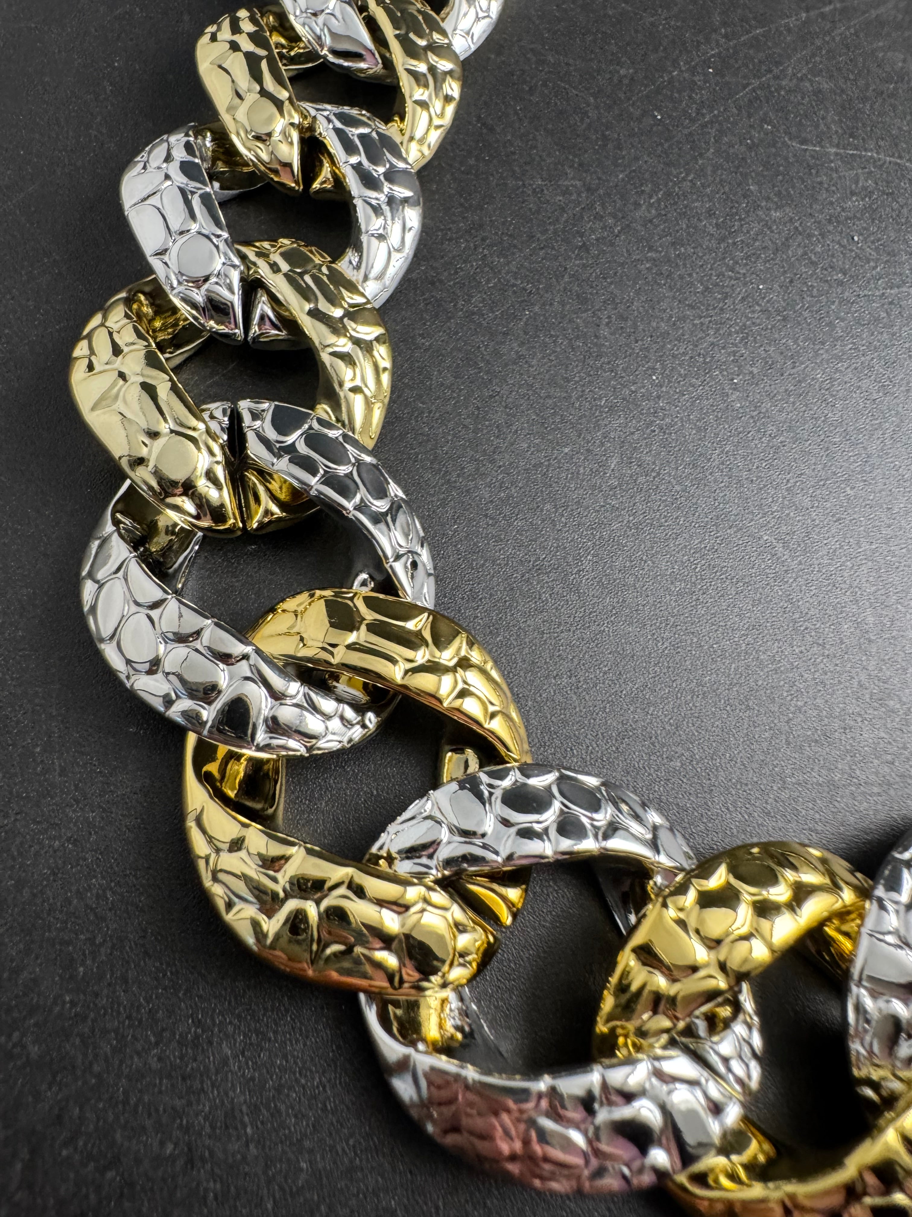 Chunky acrylic gold and silver curb link choker necklace, oversized jewellery