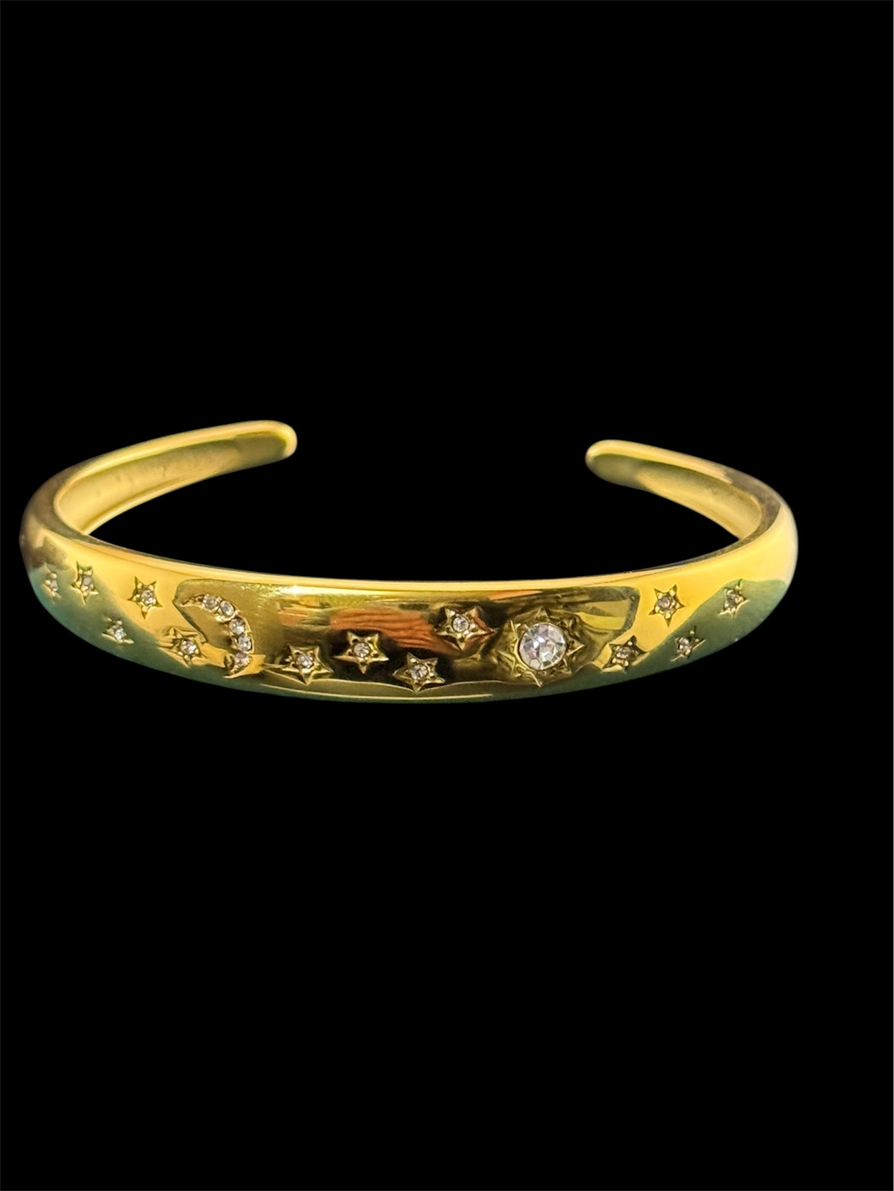 Sun Moon & Stars gold plated open bangle
