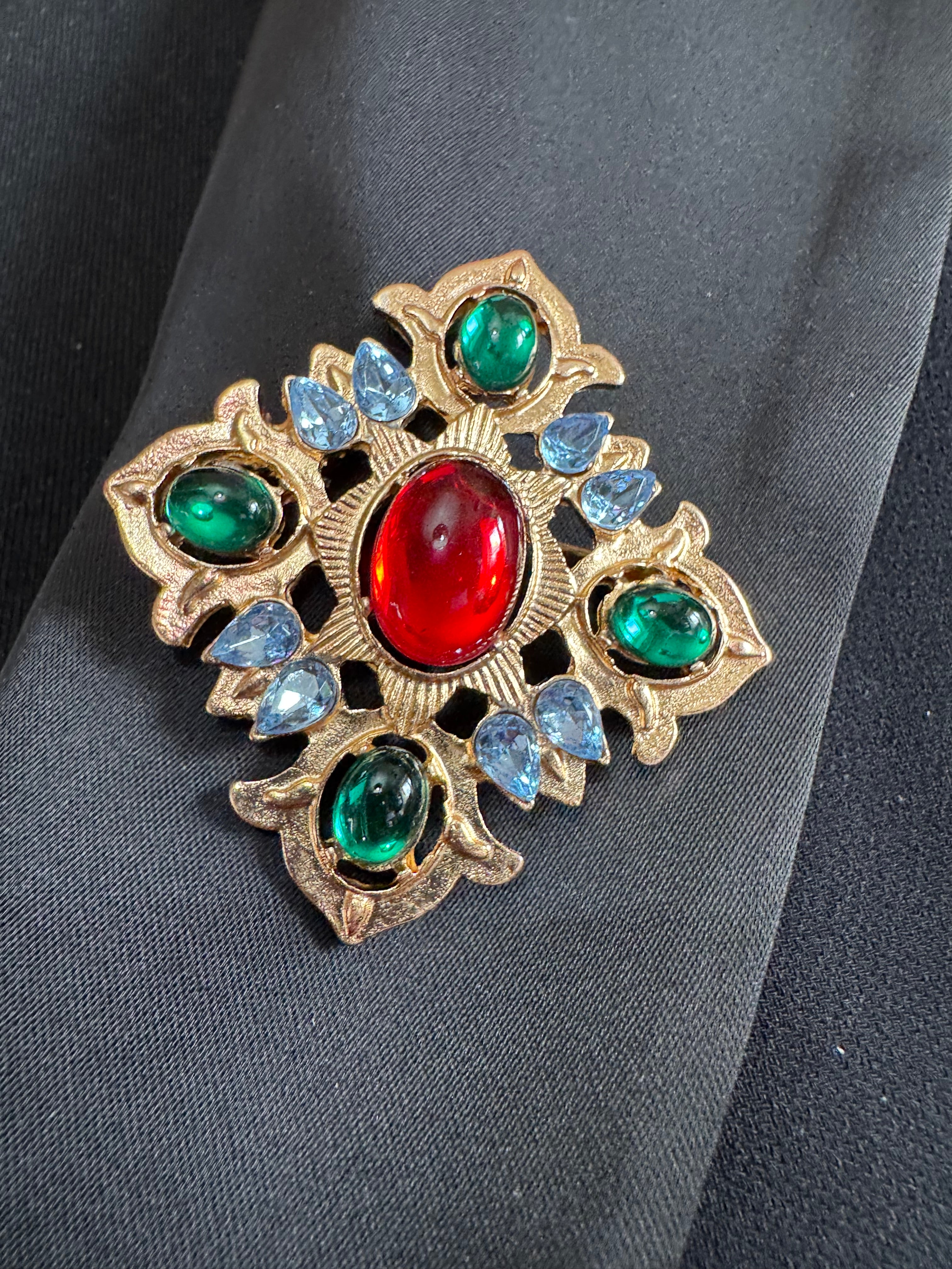 Statement Medieval style gold ruby rhinestone cross brooch